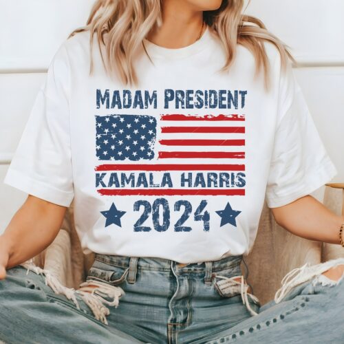 Kamala Harris 2024 Madam President Shirt Democrat Vote Blue Liberal Feminist Tee image 0