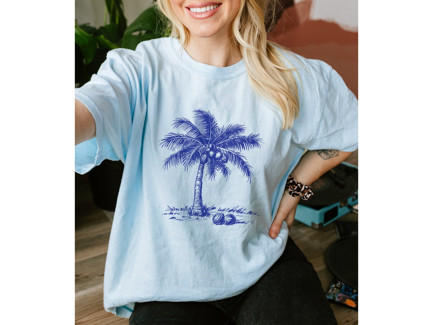 Coconut Tree Graphic Tee Blue Coconut Tree Shirt for Men Women image 1