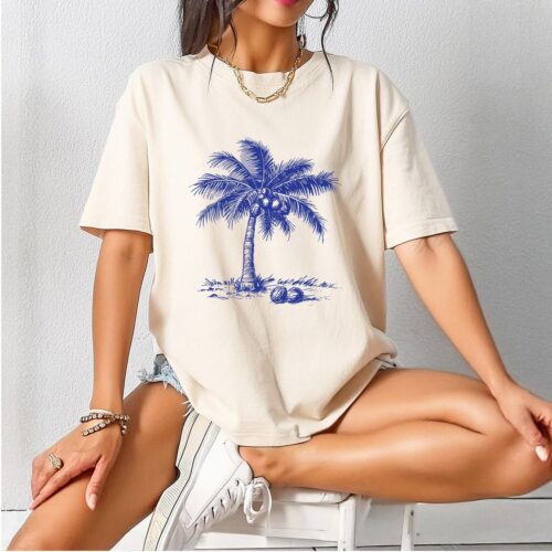 Coconut Tree Graphic Tee Blue Coconut Tree Shirt for Men Women image 0