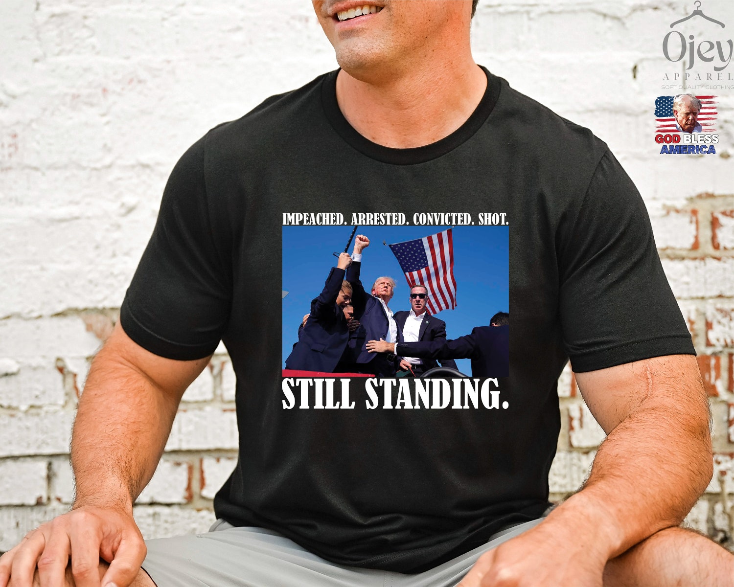 Impeached Arrested Convicted Shot STILL STANDING Iconic Trump Stand with Trump Shirt image 6