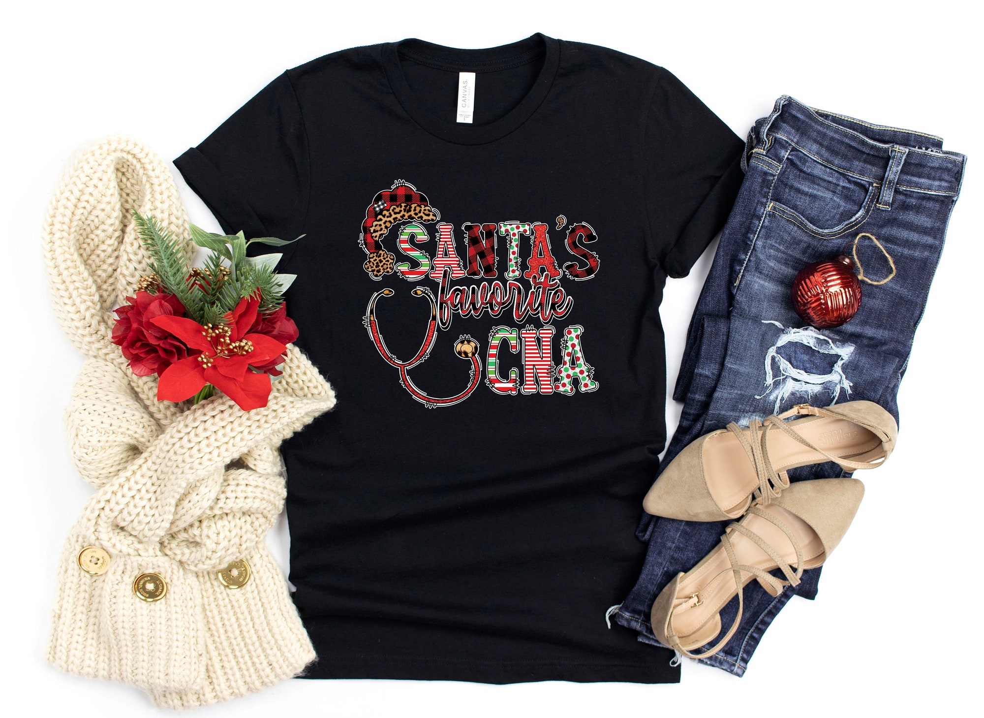 Santa's Favorite CNA Christmas Shirt | Cute Funny Holiday Shirt image 9