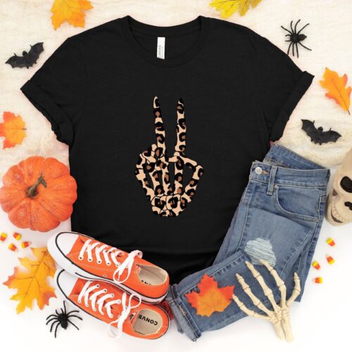 Skeleton Hand Leopard Peace Halloween Shirt image 0