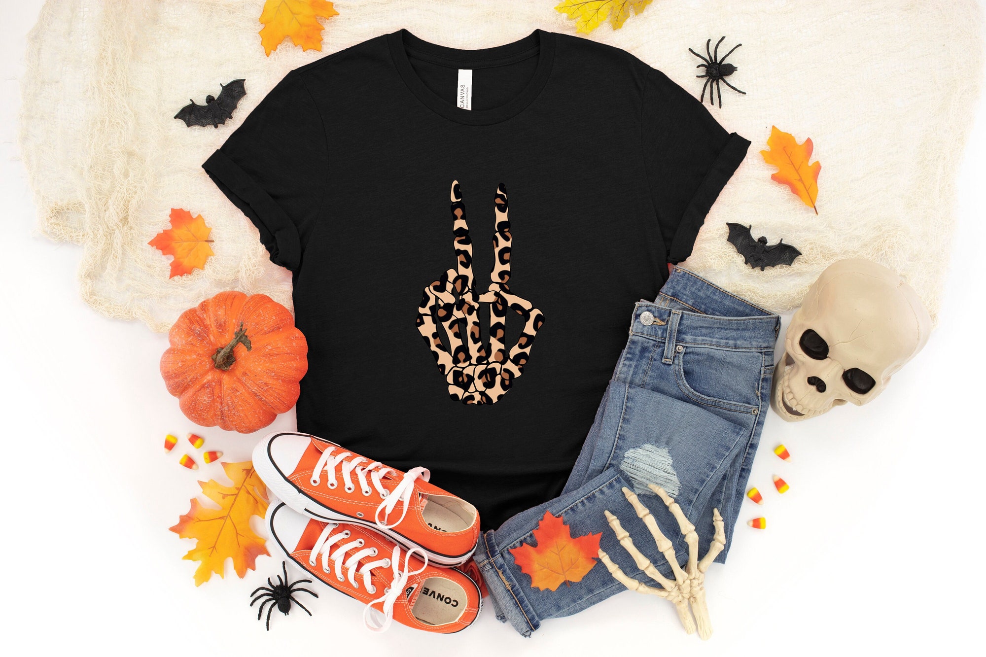 Skeleton Hand Leopard Peace Halloween Shirt image 0