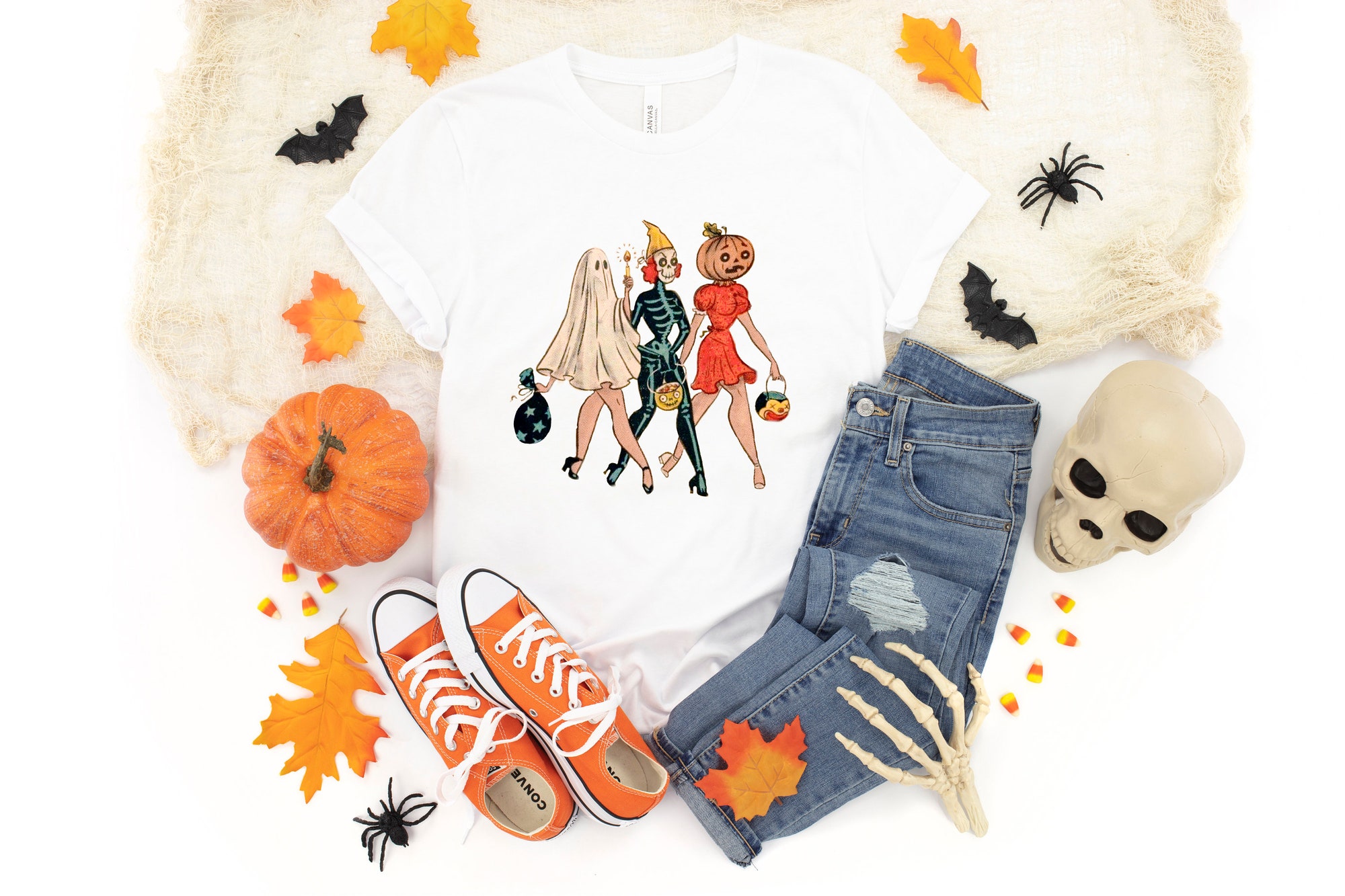 Trick Or Treat Girls Skeleton Vintage Halloween Shirt image 1