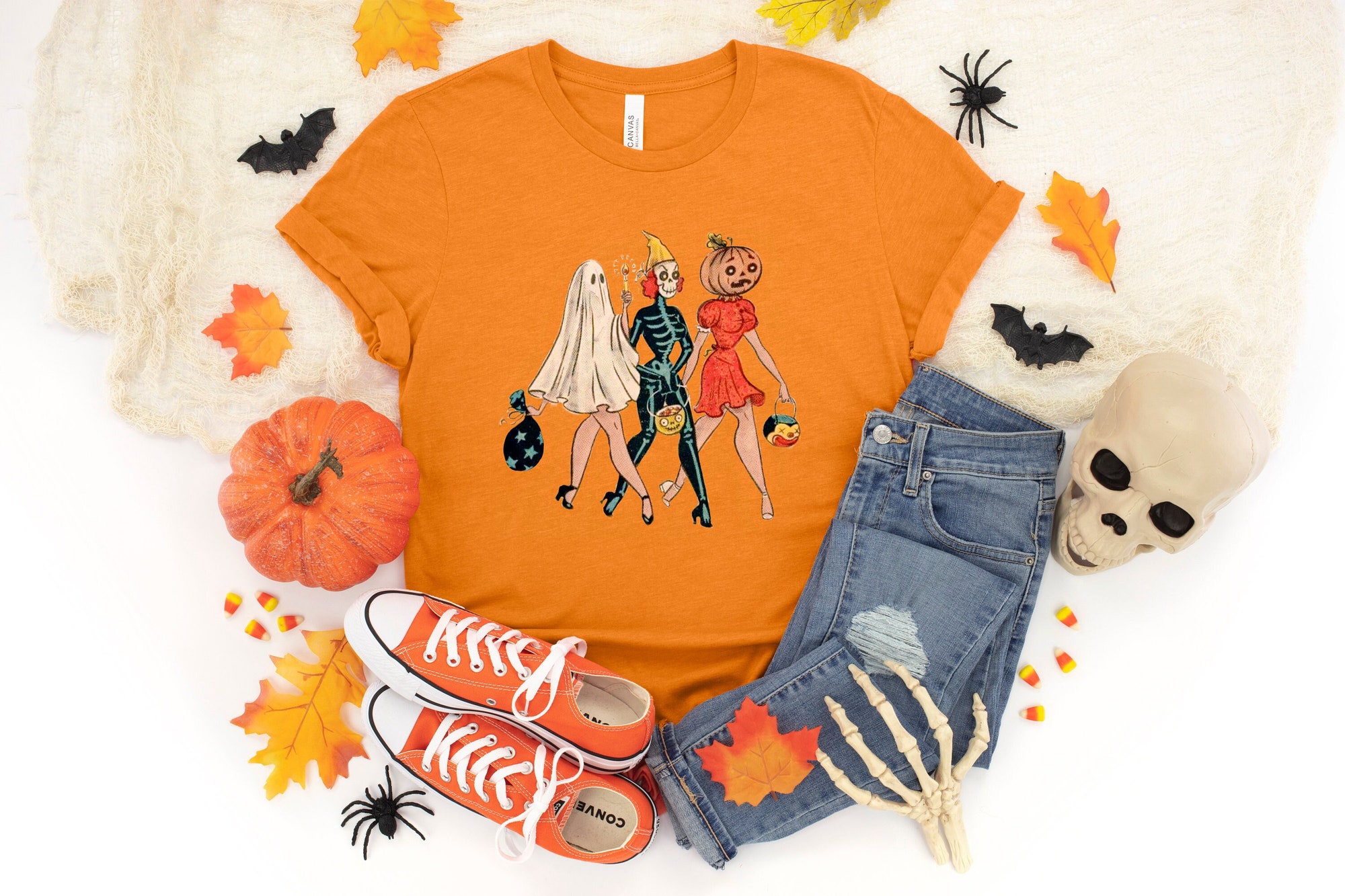 Trick Or Treat Girls Skeleton Vintage Halloween Shirt image 0