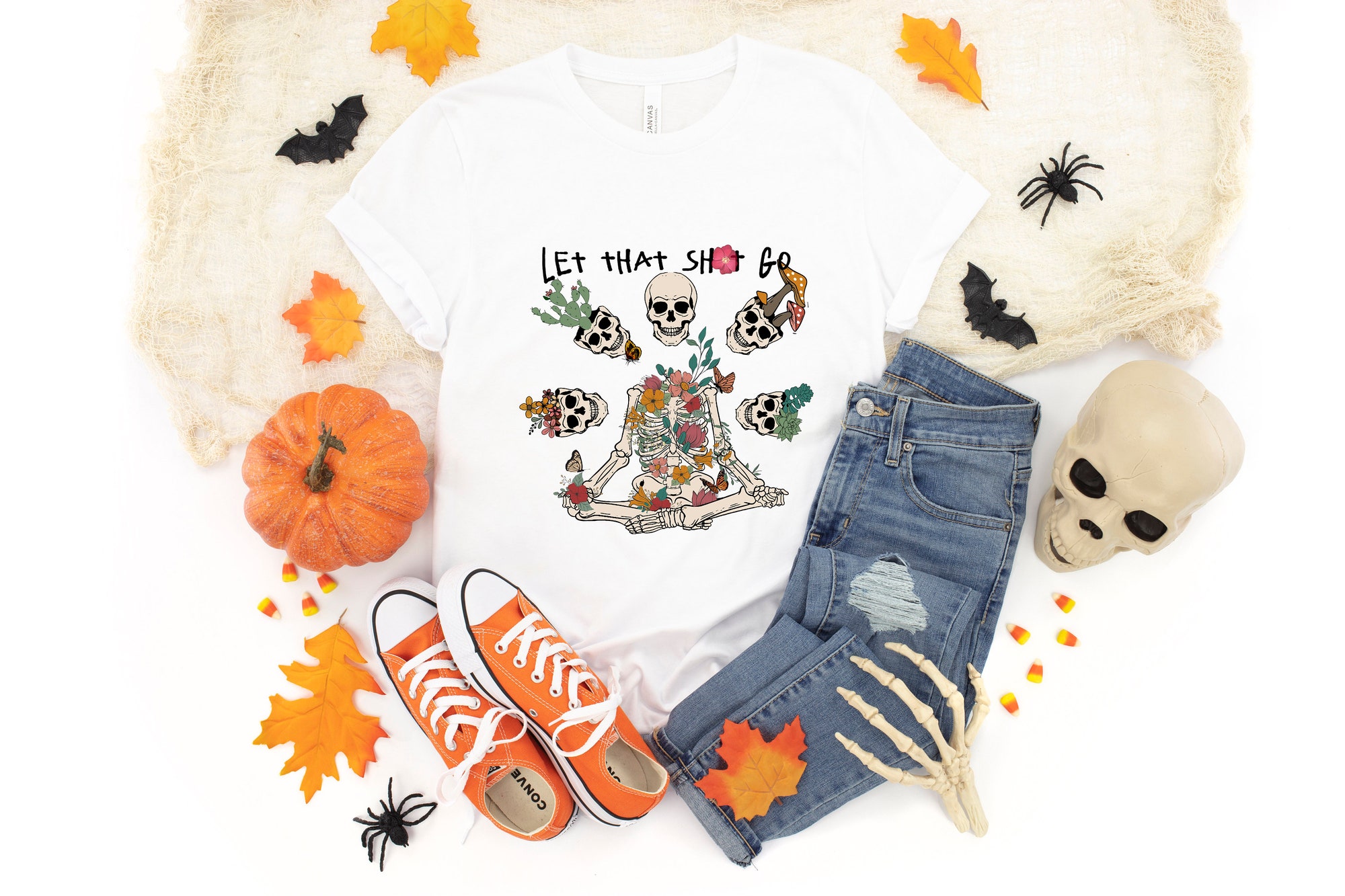 Let That Shit Go Halloween Skeleton Yoga Shirt image 2