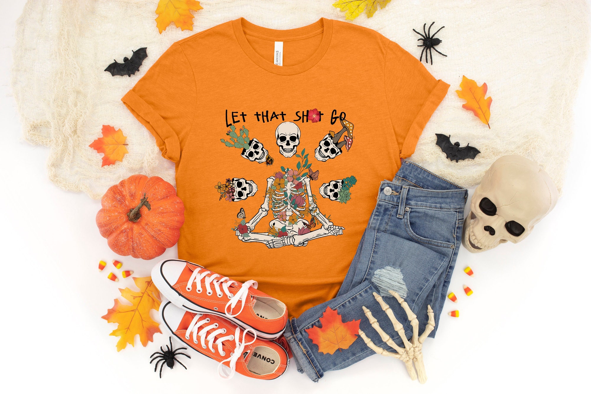 Let That Shit Go Halloween Skeleton Yoga Shirt image 0
