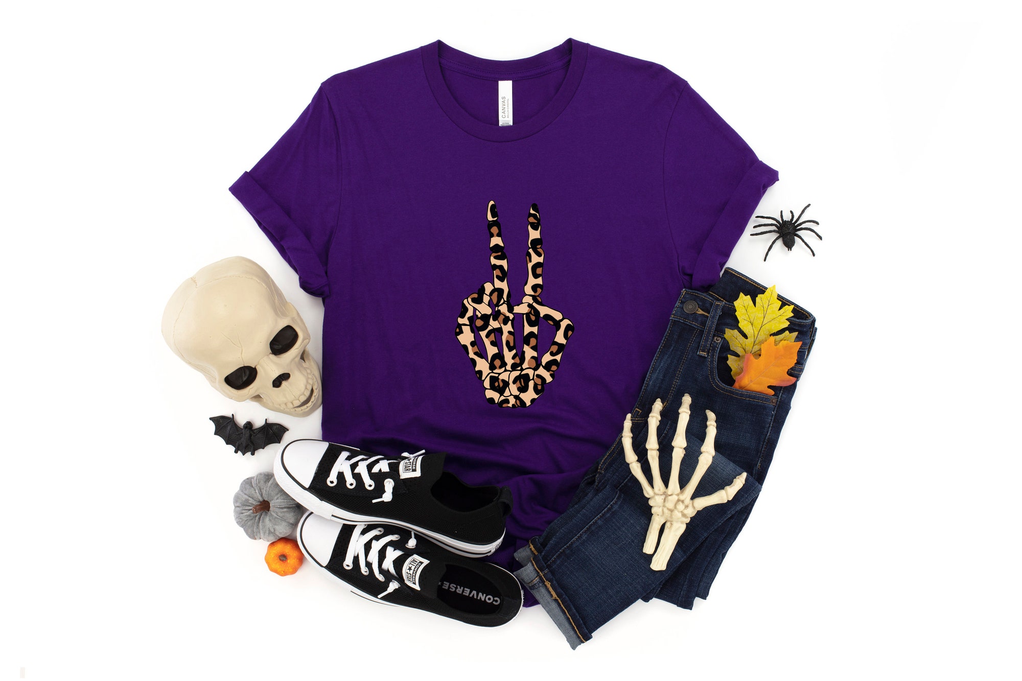 Skeleton Hand Leopard Peace Halloween Shirt image 2