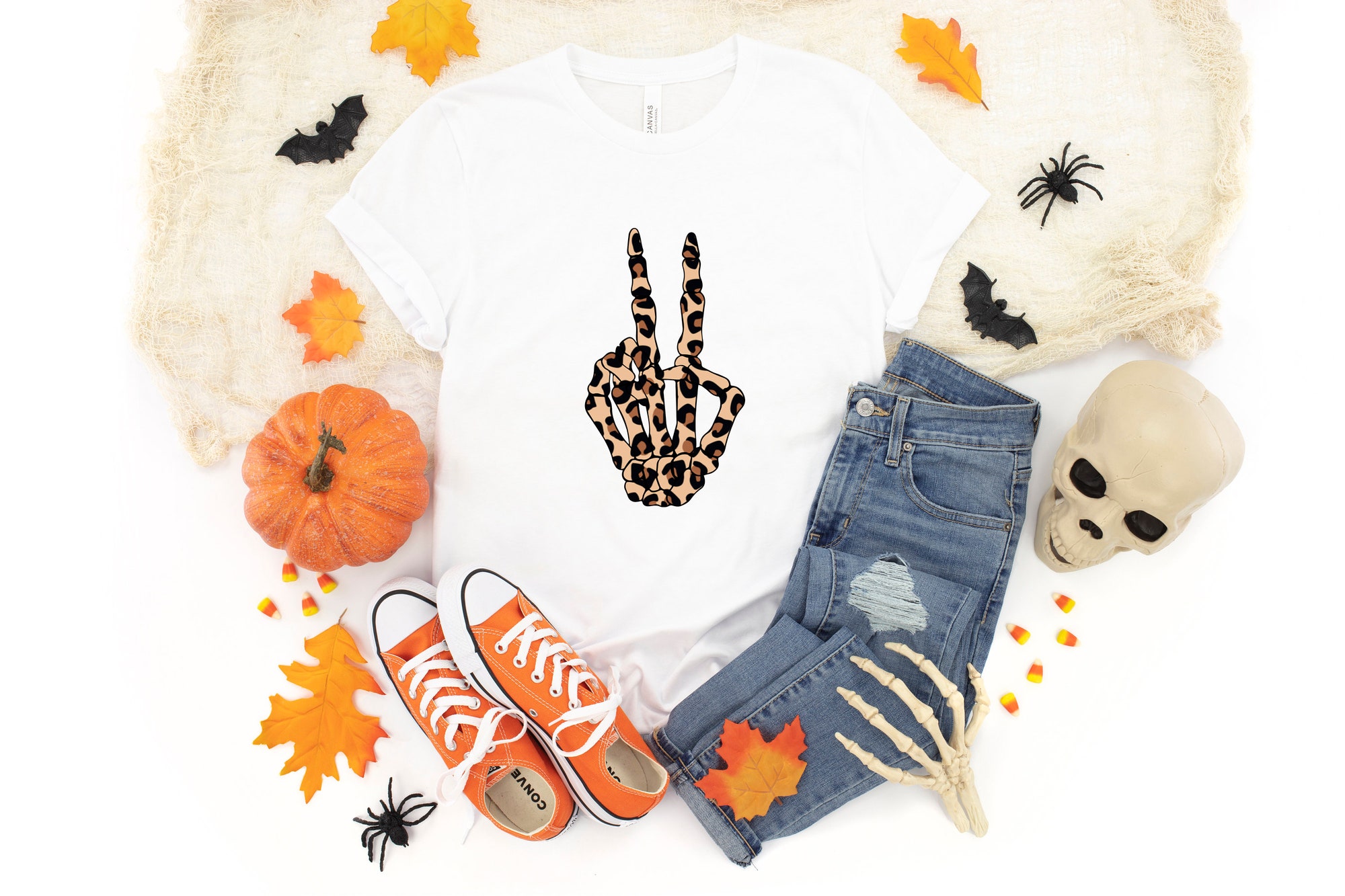 Skeleton Hand Leopard Peace Halloween Shirt image 1