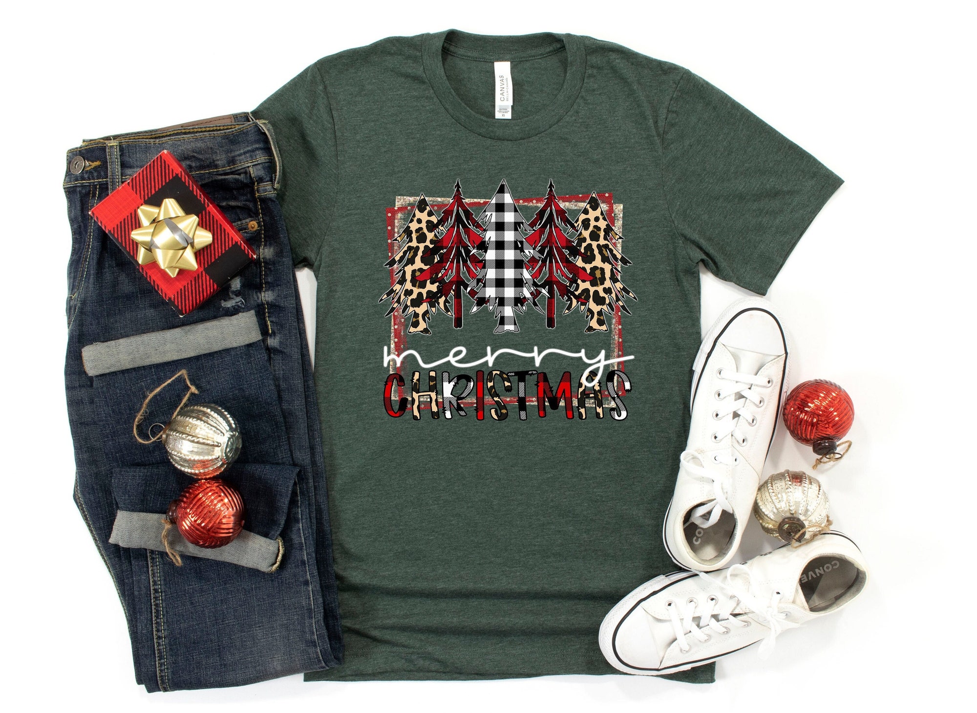 Merry Christmas Shirt Buffalo Plaid Pine Trees New Year Shirt image 1