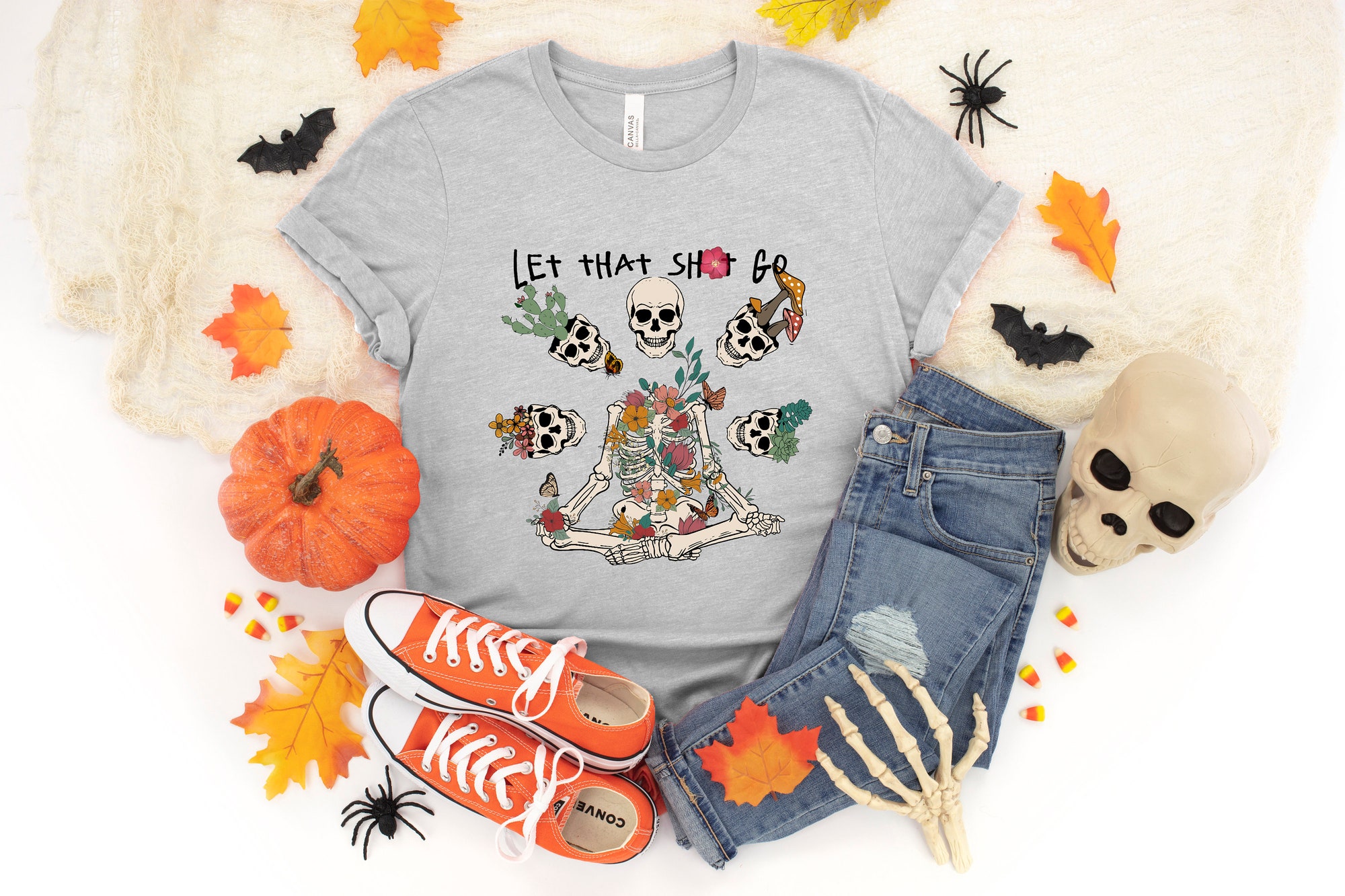 Let That Shit Go Halloween Skeleton Yoga Shirt image 1