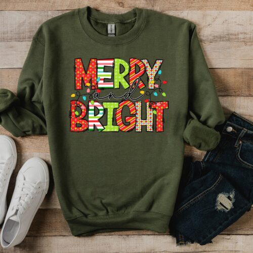 Merry and Bright Christmas Lights Sweatshirt Holiday Gift Family Matching image 0