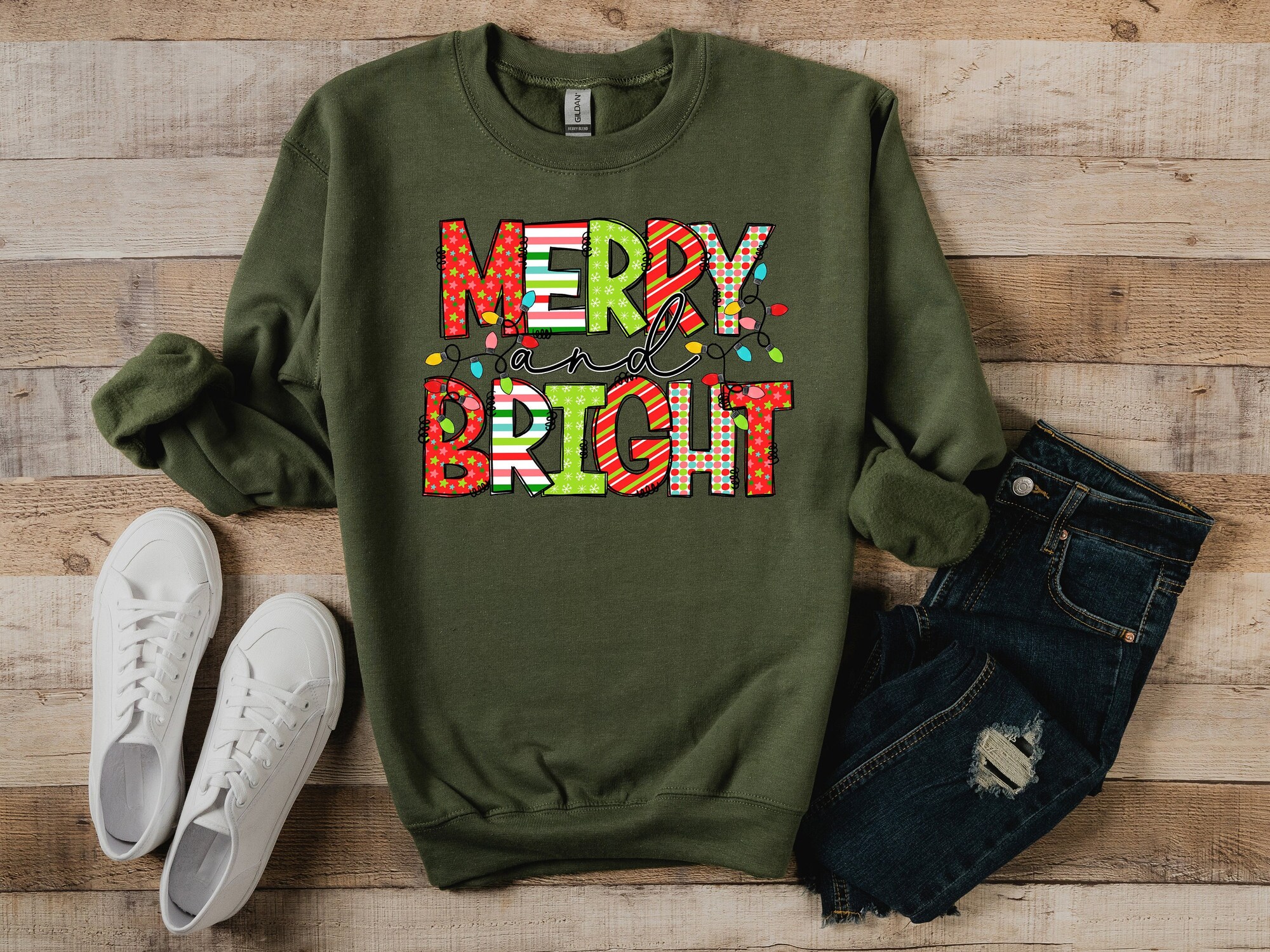 Merry and Bright Christmas Lights Sweatshirt Holiday Gift Family Matching image 0