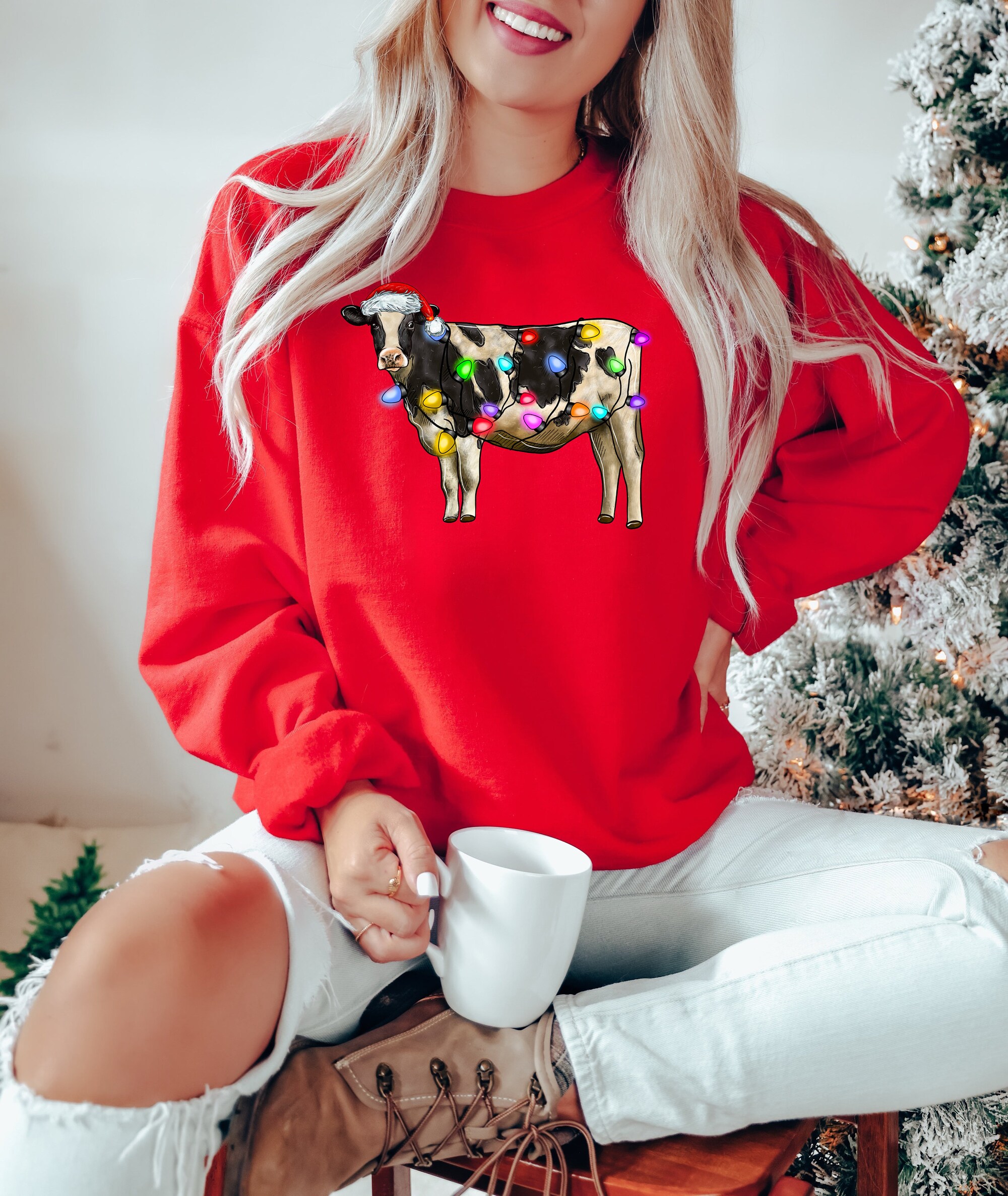 Christmas Sweatshirt Cute Cow Design image 3