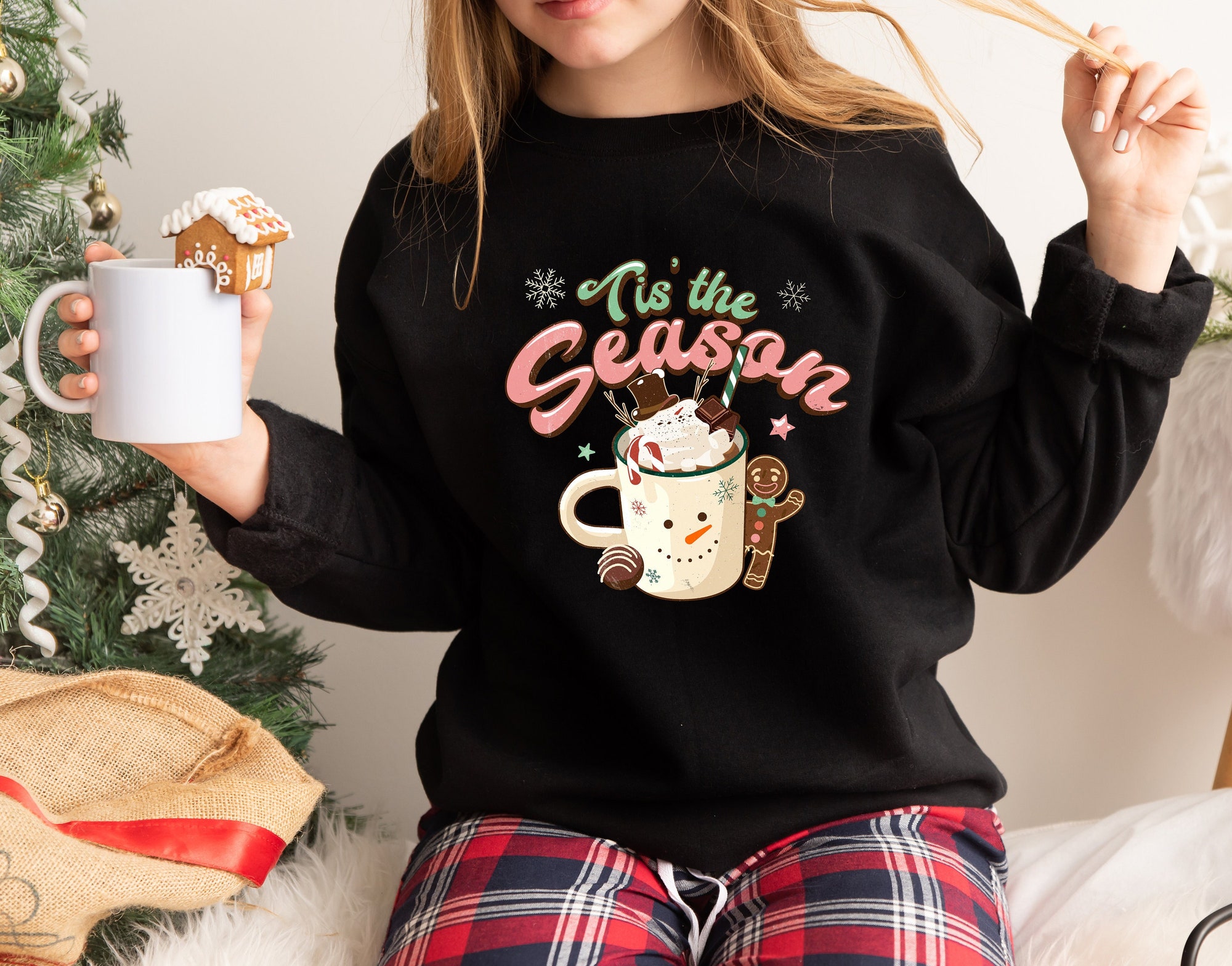 Tis' The Season Hot Chocolate Christmas Sweatshirt | Merry Christmas Family Tee image 0