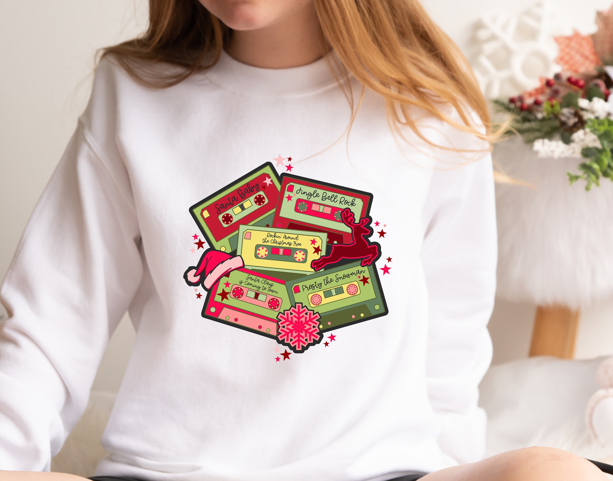 Christmas Music Cassette Tapes Sweatshirt | Retro Songs & Party Tee image 1