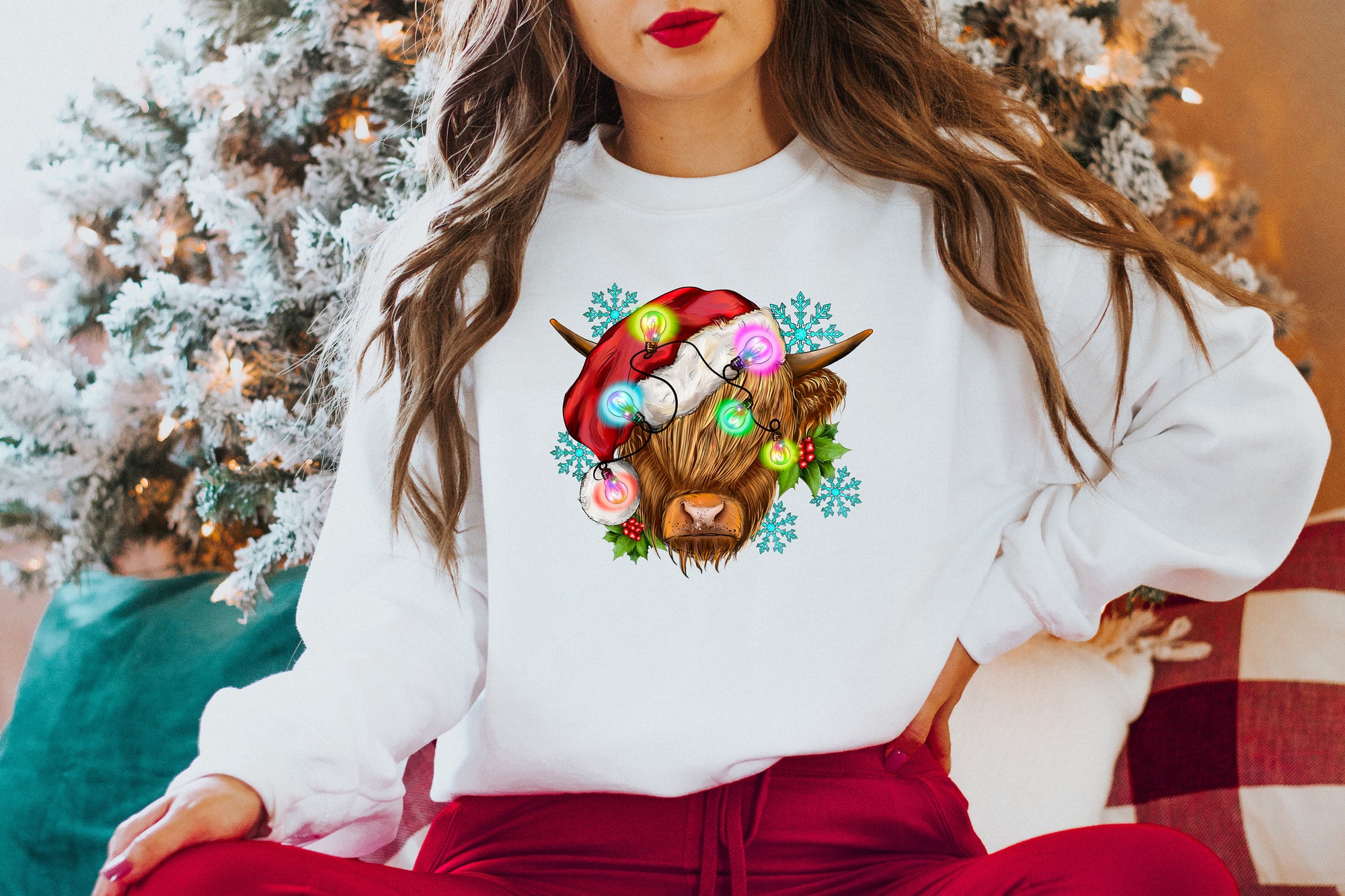 Christmas Cow Lights Women's Sweatshirt image 1