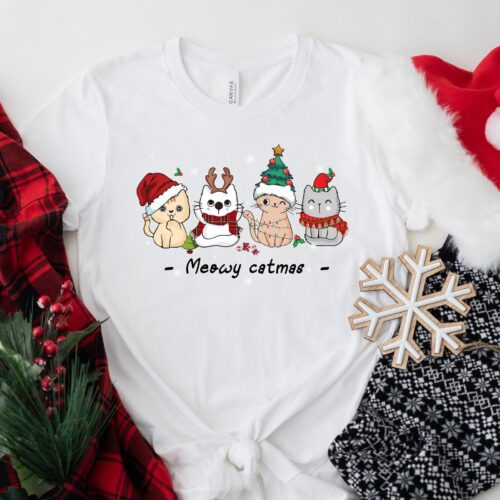 Meowy Christmas Shirt: Cat Lover Tee Gift for Cat Mom image 0