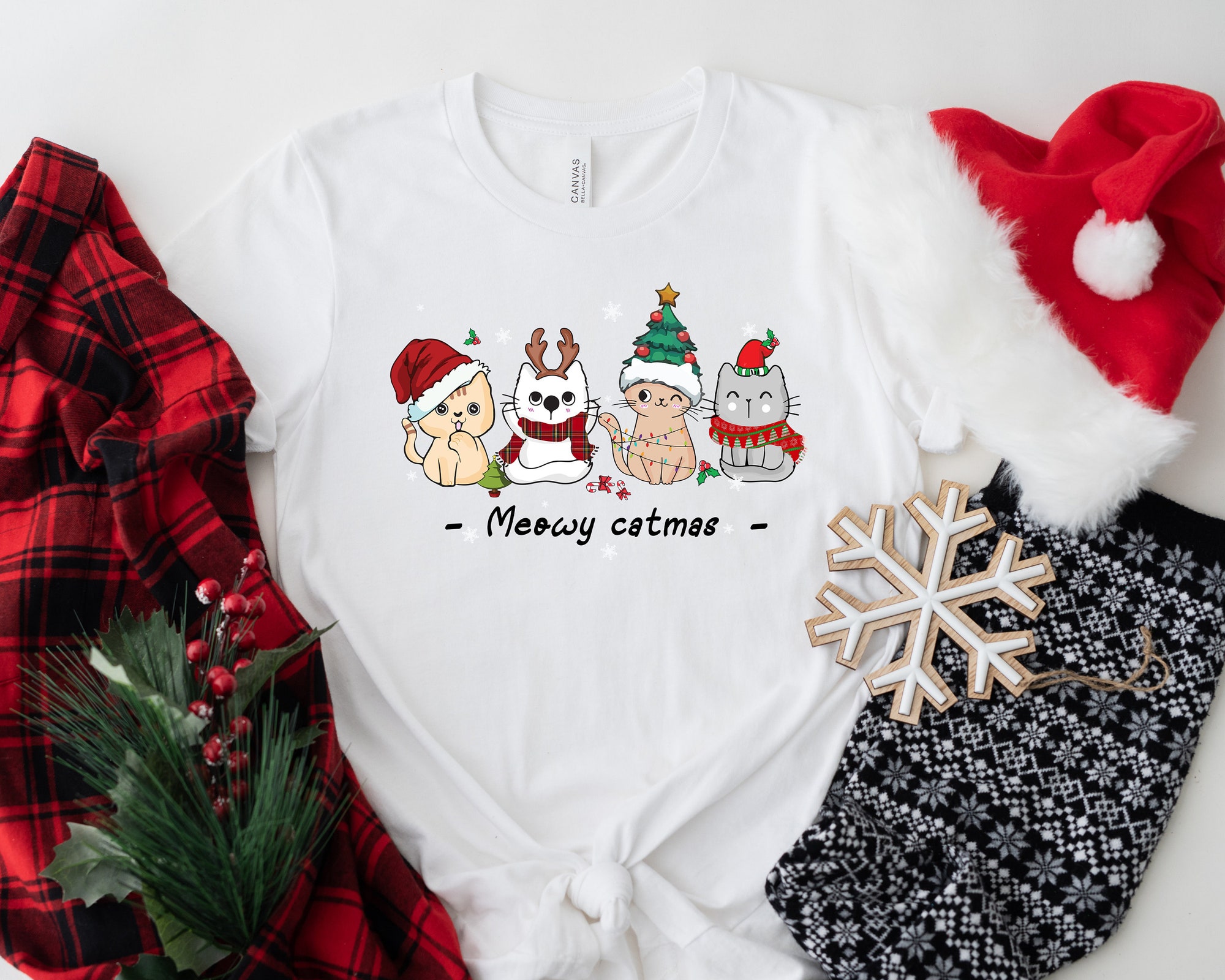Meowy Christmas Shirt: Cat Lover Tee Gift for Cat Mom image 0
