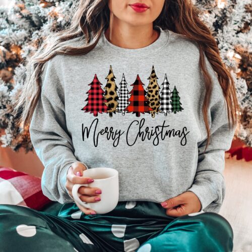 Merry Christmas Buffalo Plaid Trees Shirt Leopard Print Trees image 0