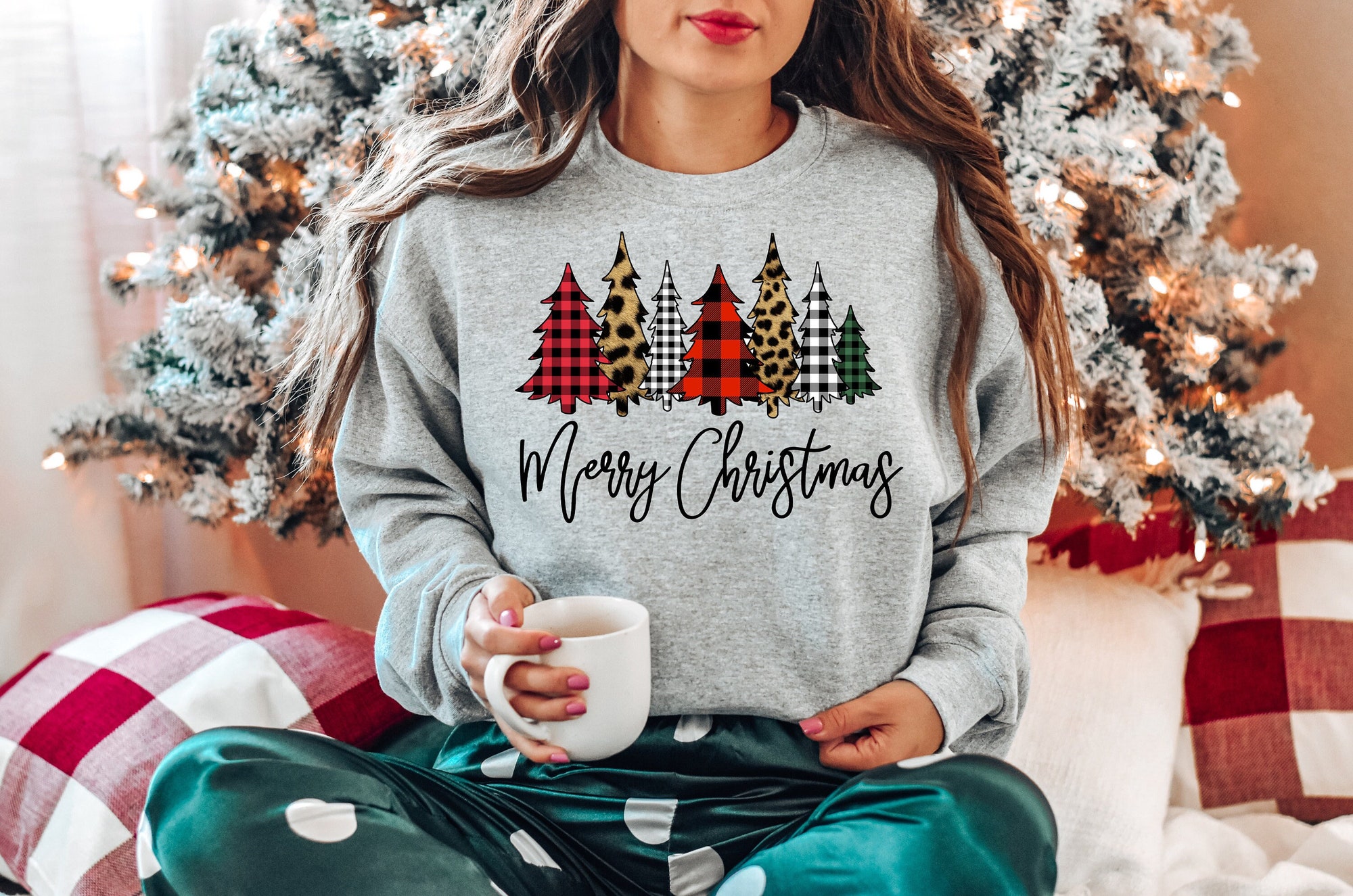 Merry Christmas Buffalo Plaid Trees Shirt Leopard Print Trees image 0