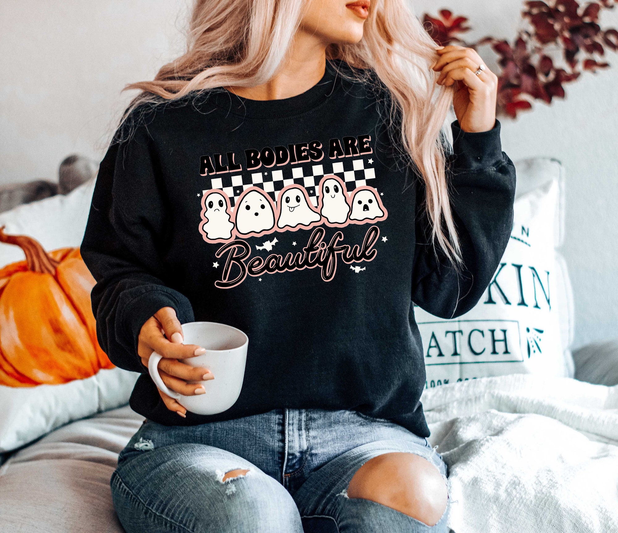 All Bodies Are Beautiful Ghost Halloween Sweatshirt image 1