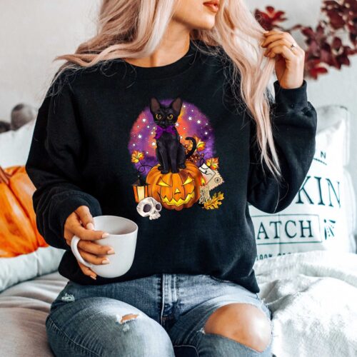 Halloween Cat Sweatshirt Spooky Season Sweater image 0