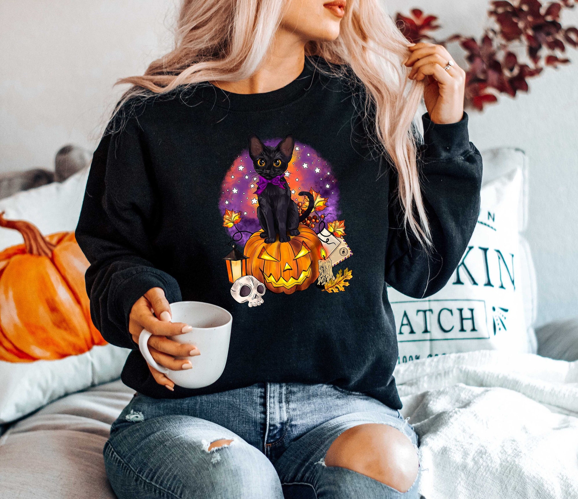 Halloween Cat Sweatshirt Spooky Season Sweater image 0