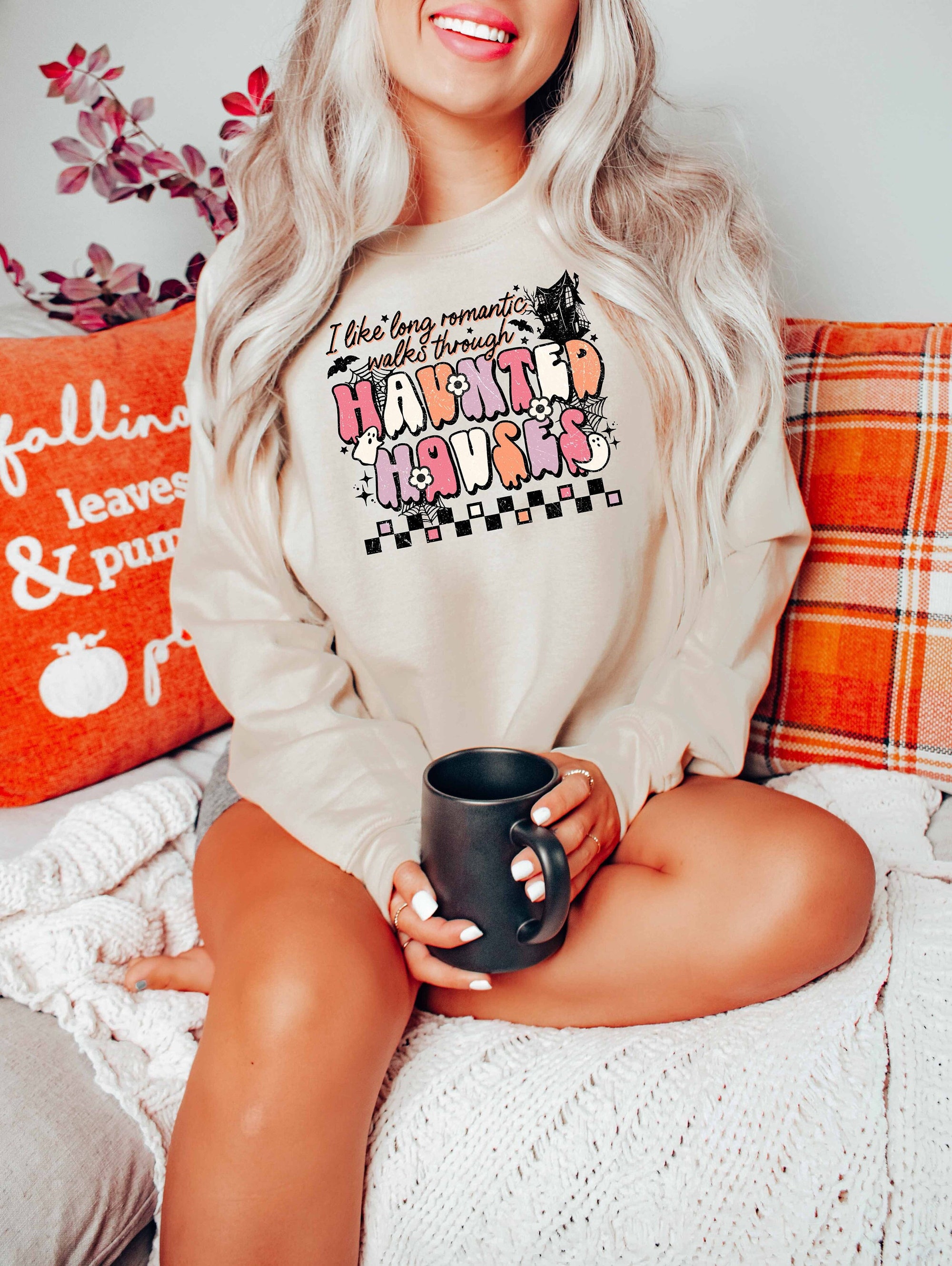 I Like Long Romantic Walks Through Haunted Houses Funny Halloween Tee image 0