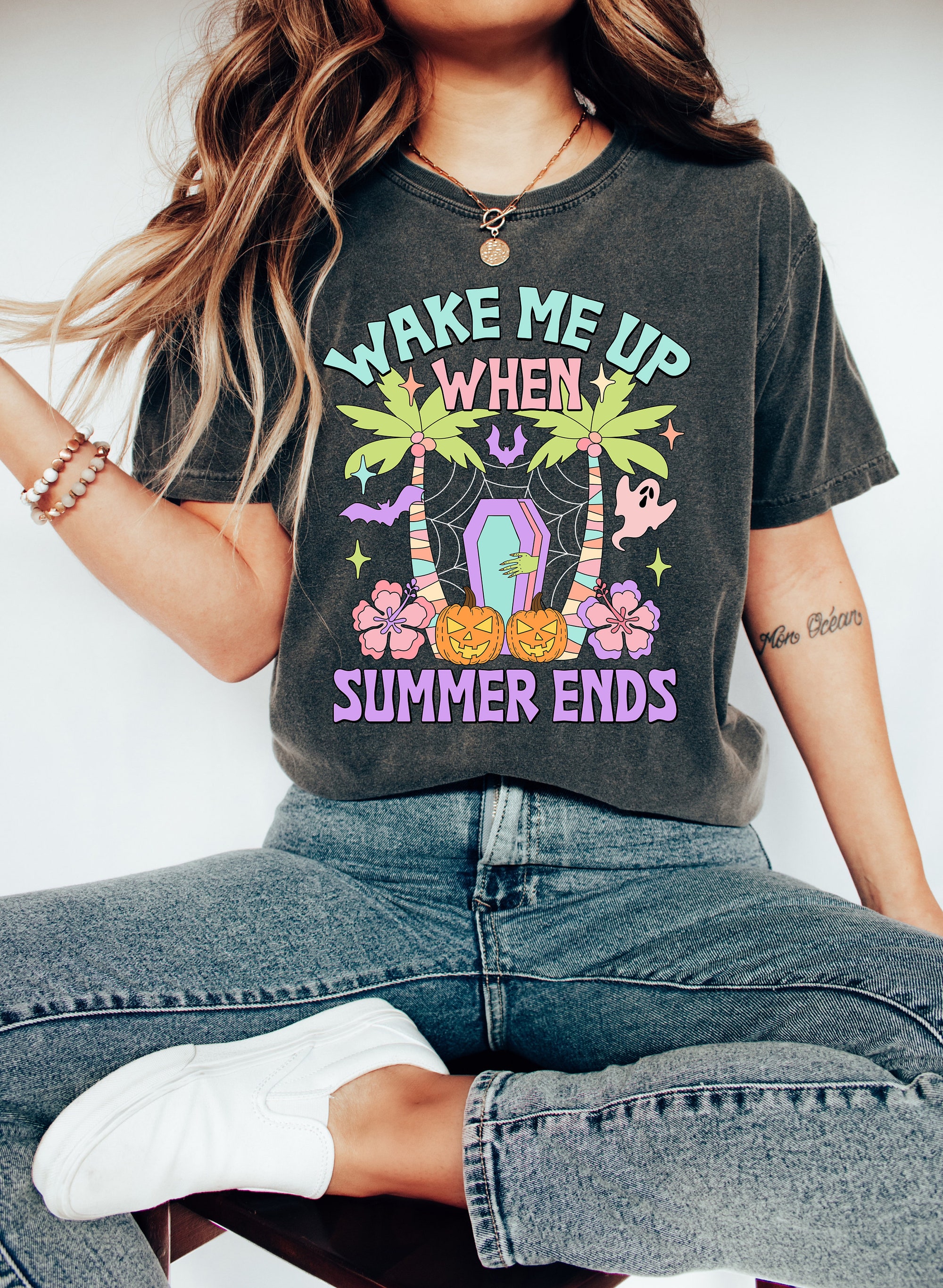 Summer's End Wake-Up: Skeleton & Vampire Bat Halloween Tee image 0