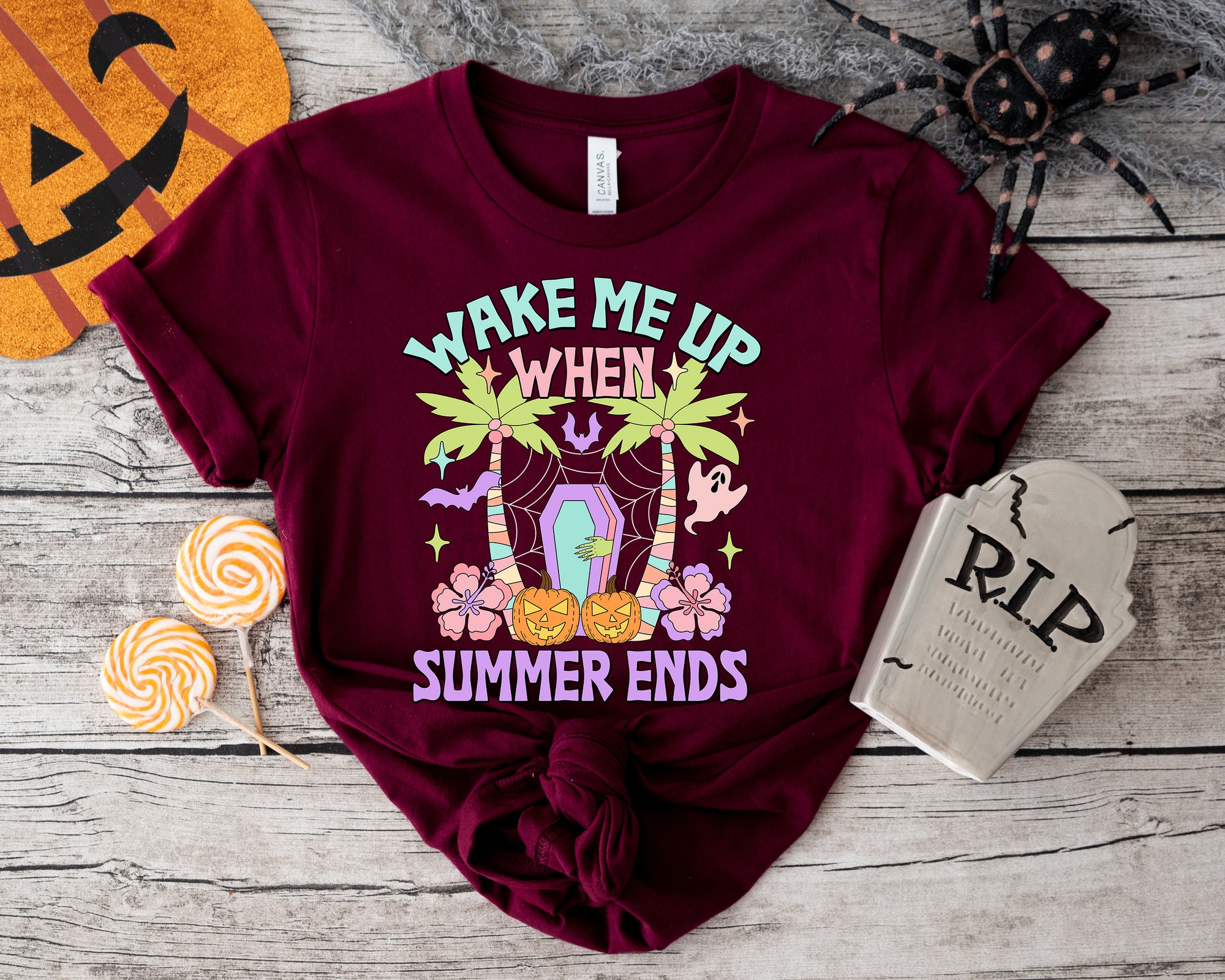 Summer's End Wake-Up: Skeleton & Vampire Bat Halloween Tee image 4