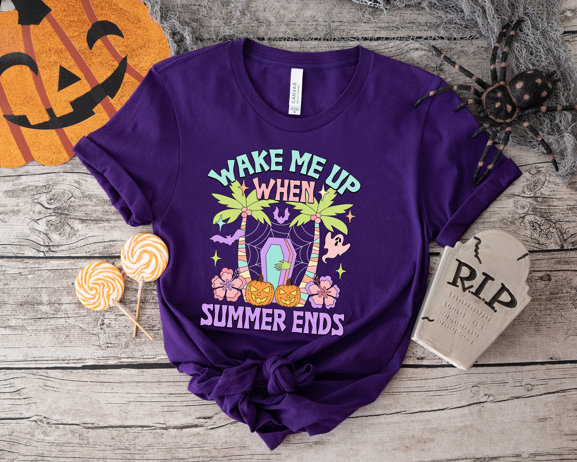 Summer's End Wake-Up: Skeleton & Vampire Bat Halloween Tee image 3