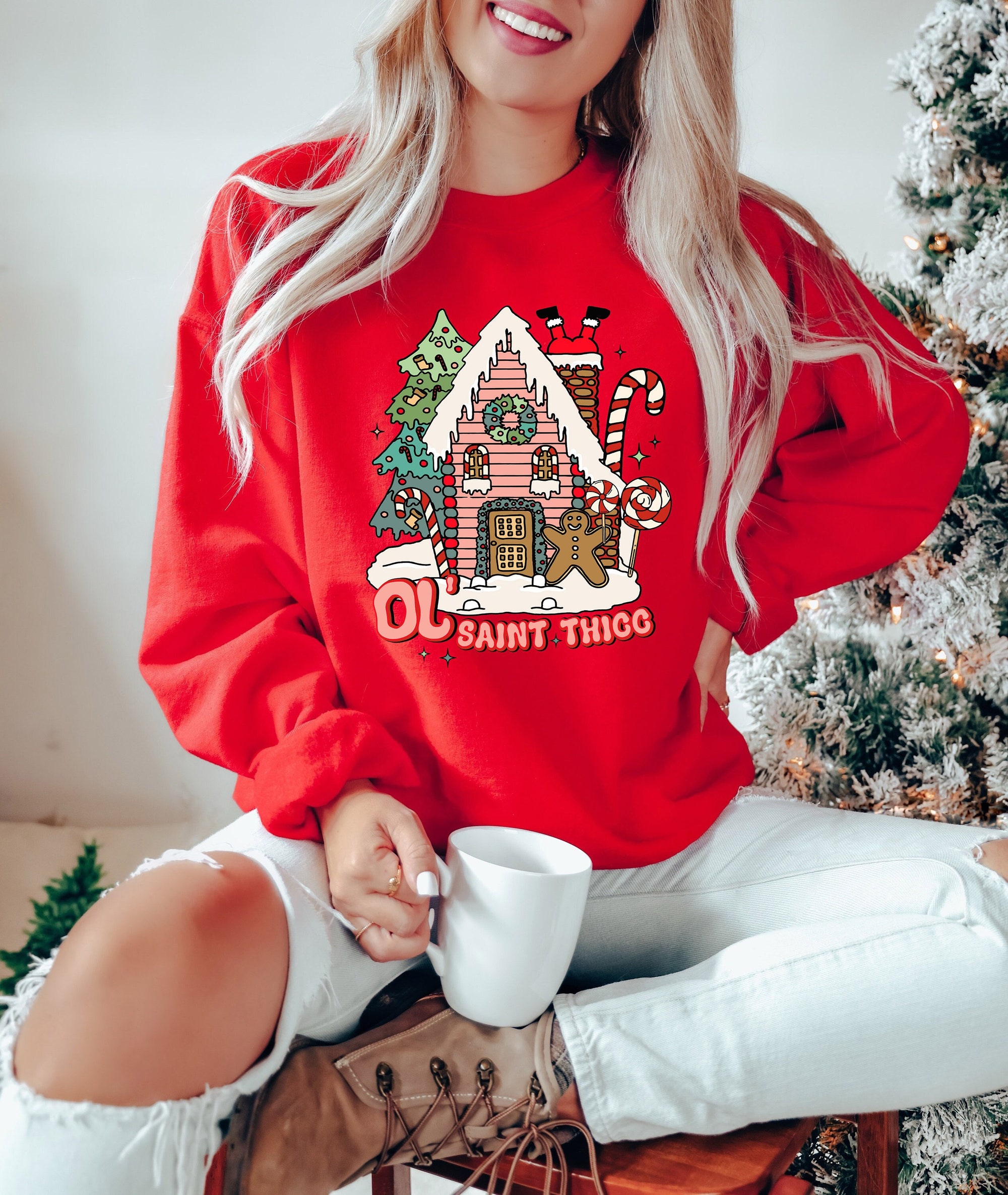 Cute Santa Claus Christmas Sweatshirt & Cookie House Gift image 0