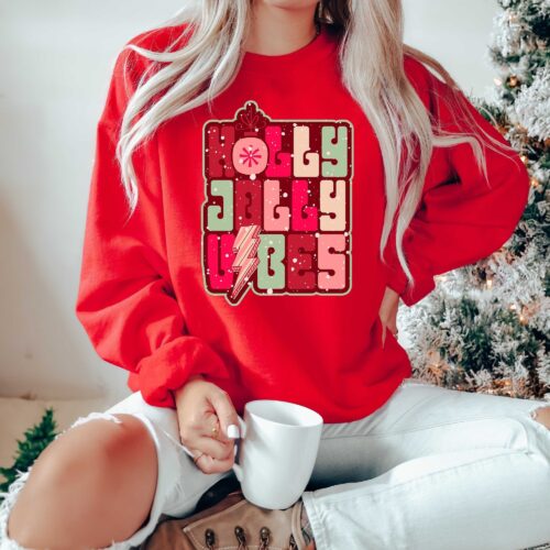 Holly Jolly Vibes Christmas Sweatshirt | Retro Boho Cute Christmas Tee image 0