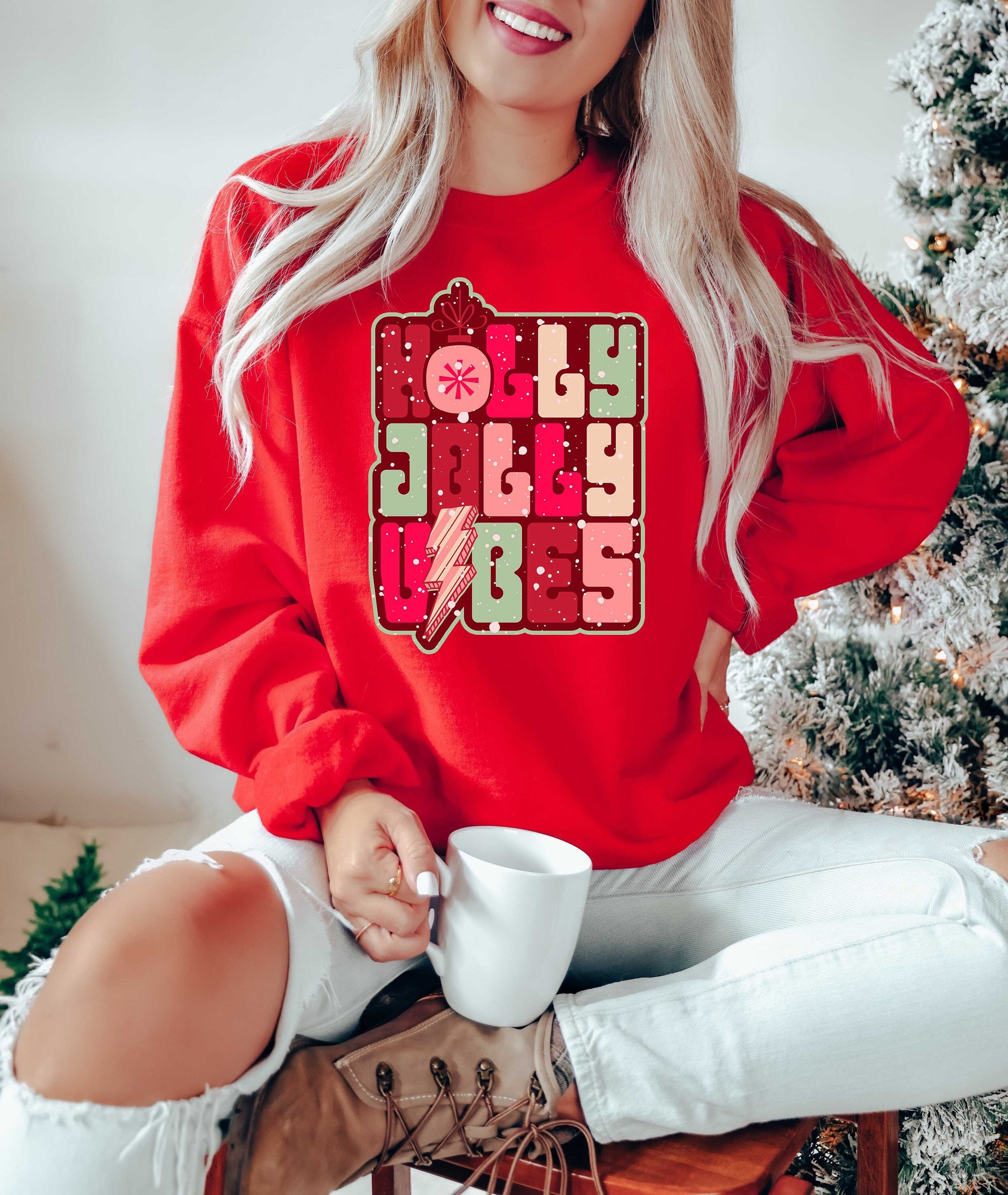 Holly Jolly Vibes Christmas Sweatshirt | Retro Boho Cute Christmas Tee image 0
