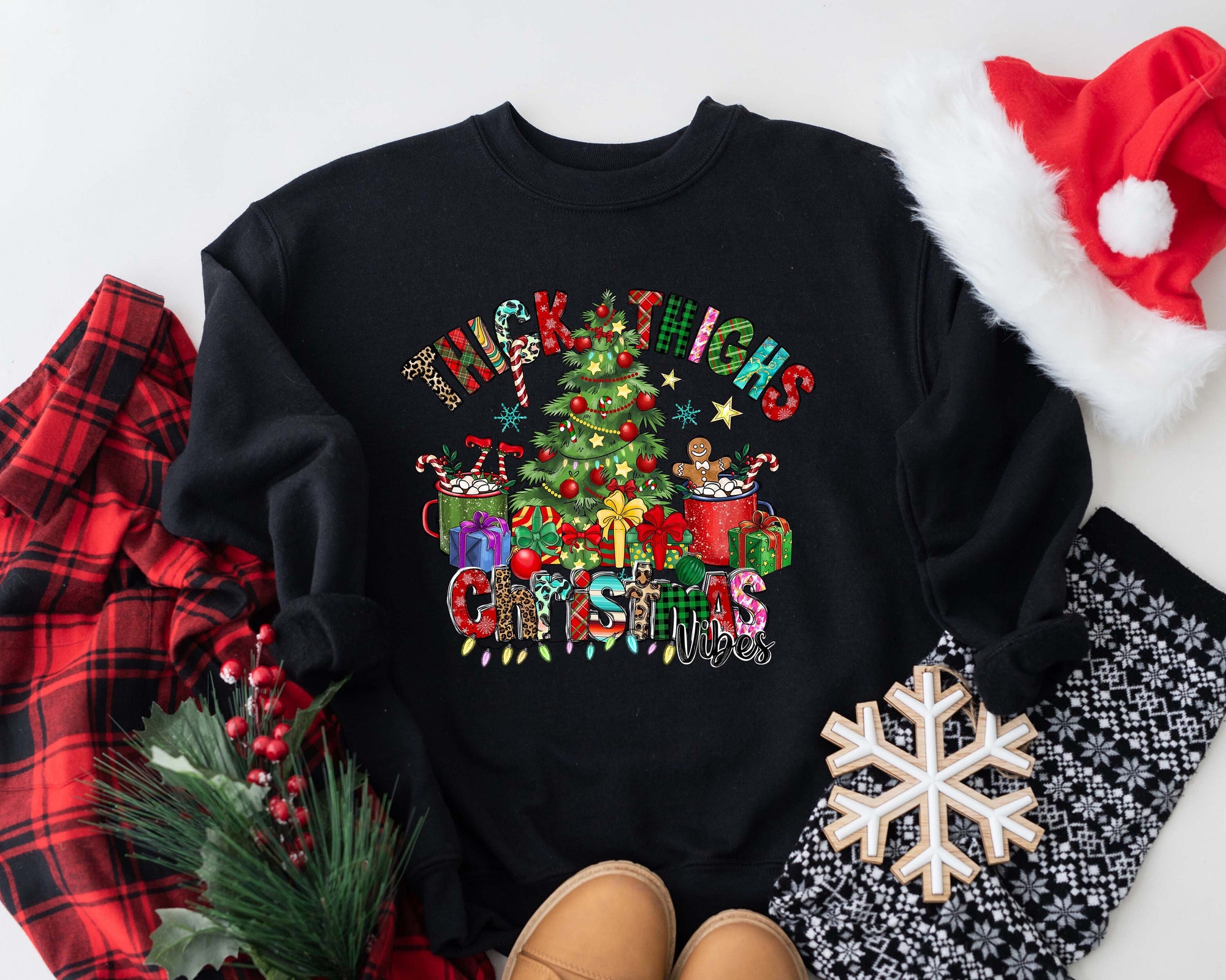 Thick Thighs Christmas Vibes Sweatshirt: Funny Holiday Gift Sweater image 0