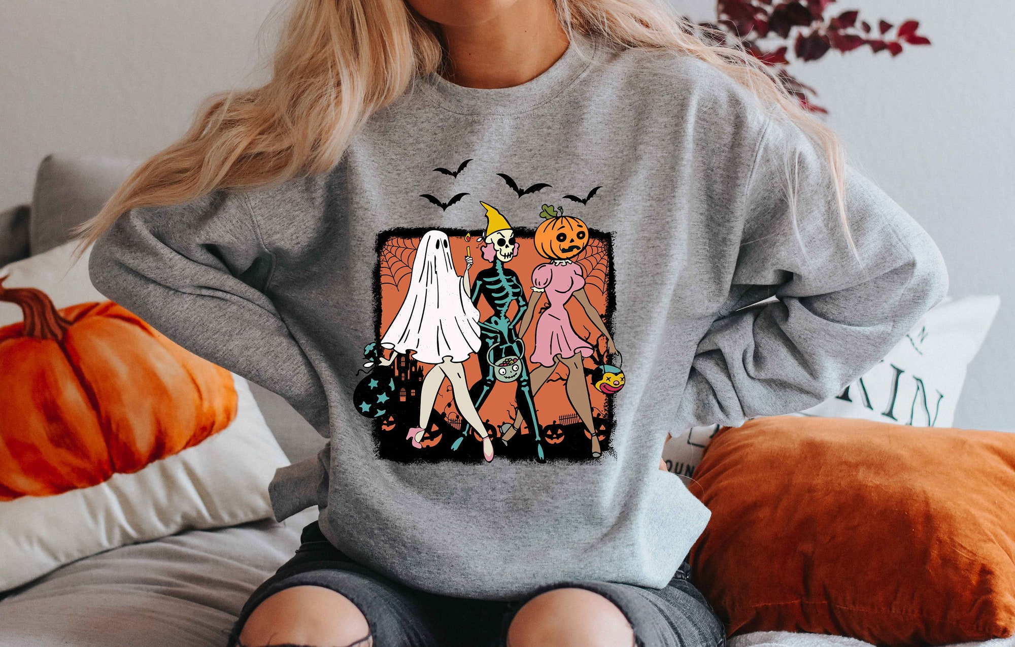 Trick Or Treat Halloween Sweatshirt Cool Spooky Season Funny Happy Party image 1