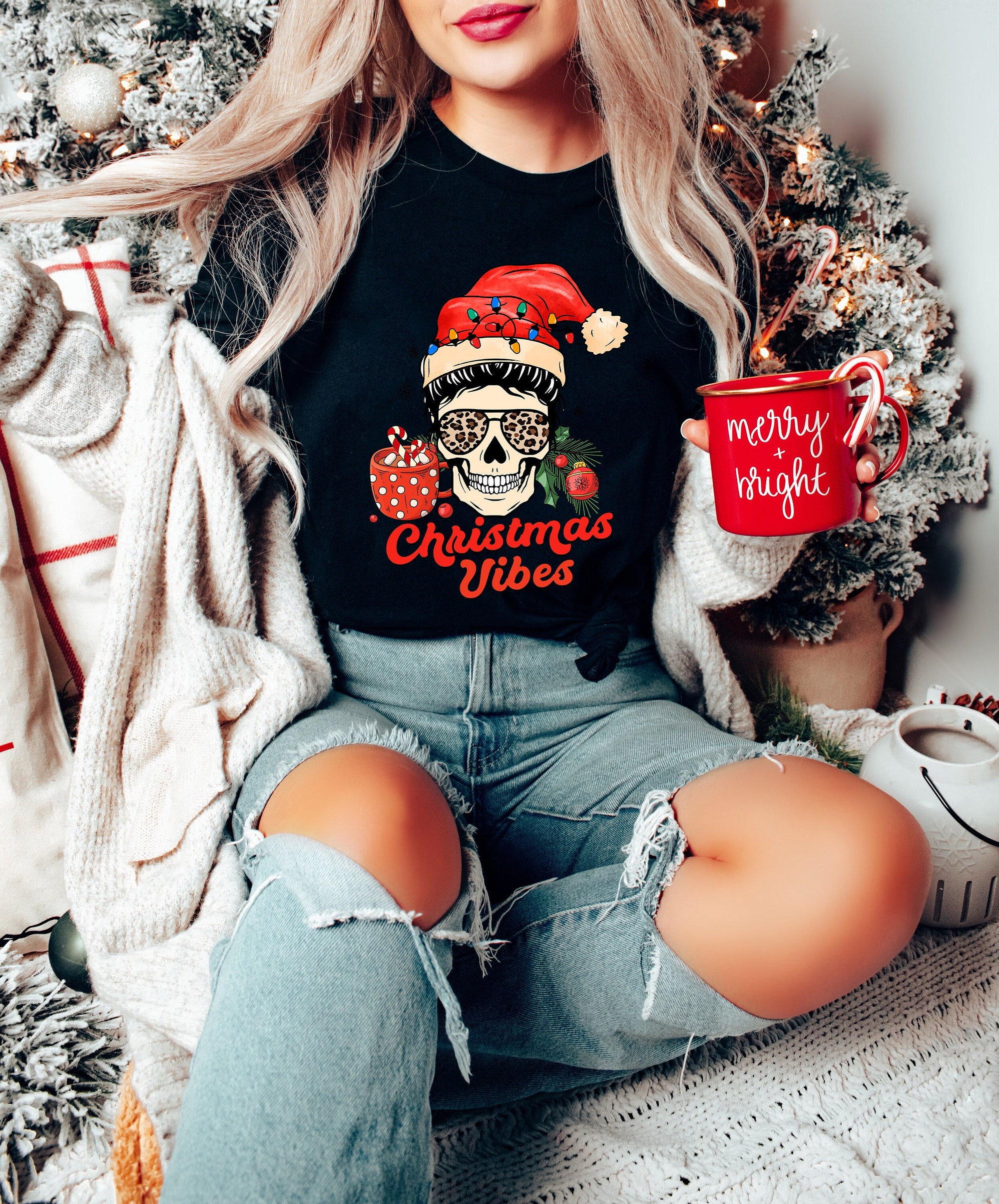 Christmas Vibes Skull Sweatshirt & Family Matching Holiday Gift image 1