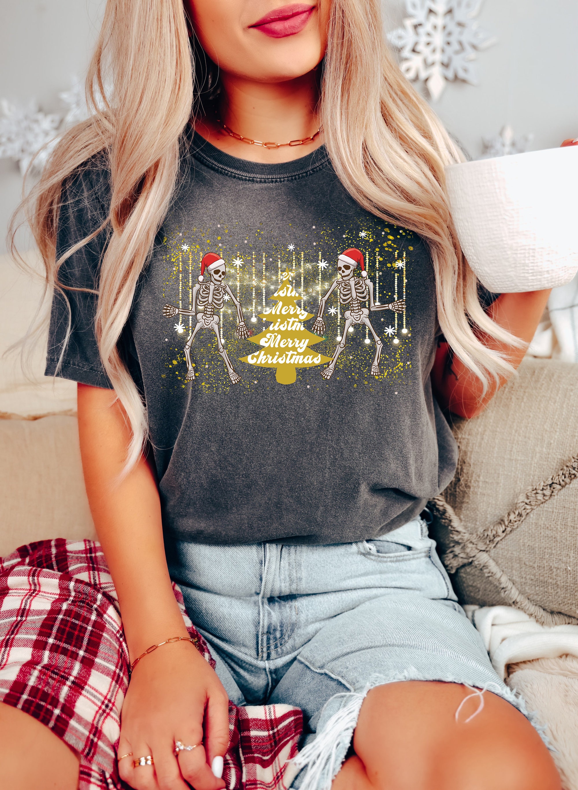 Cute Skeleton Print Christmas Tree Shirt for Women image 1