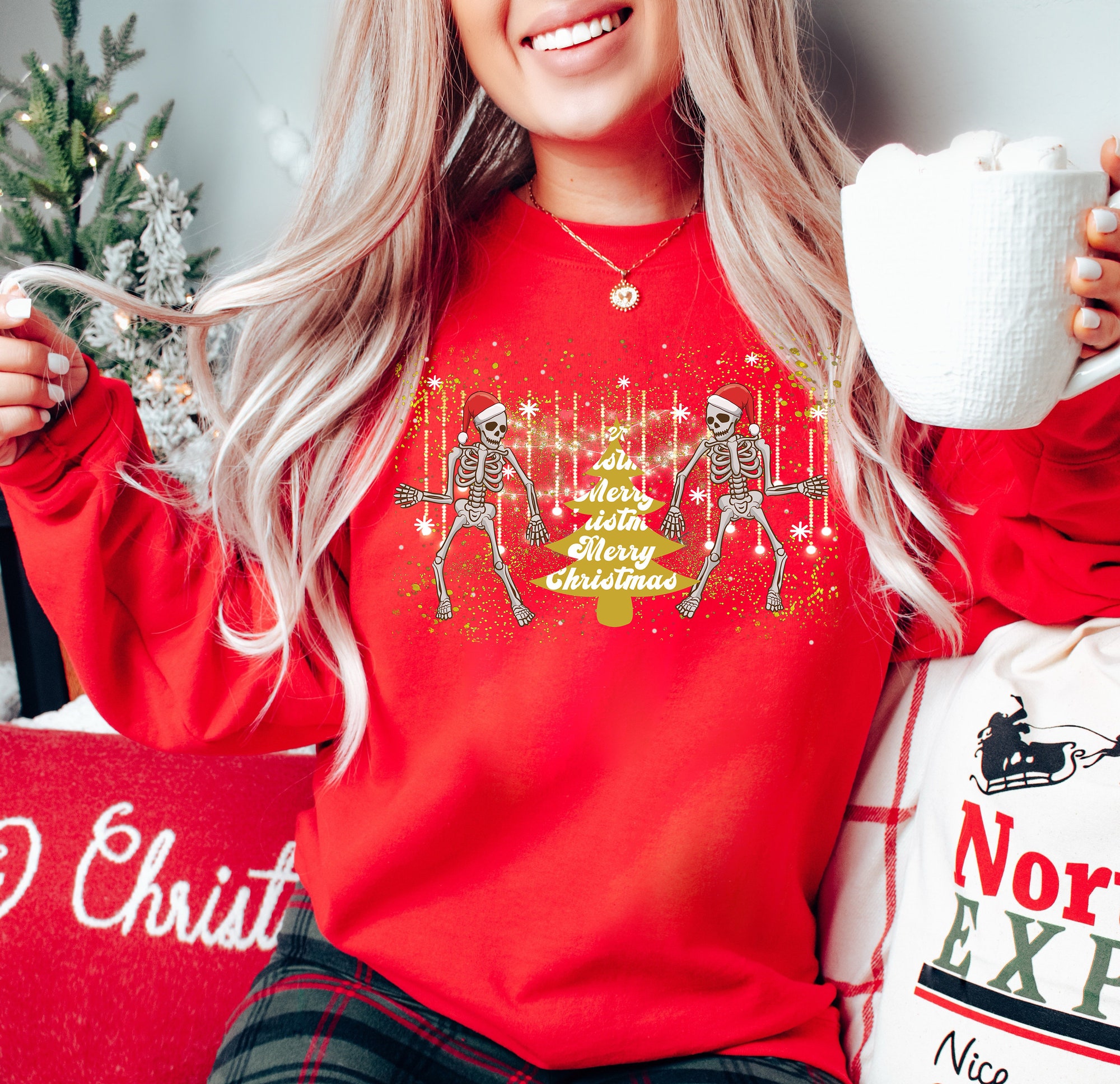 Cute Skeleton Print Christmas Tree Shirt for Women image 3