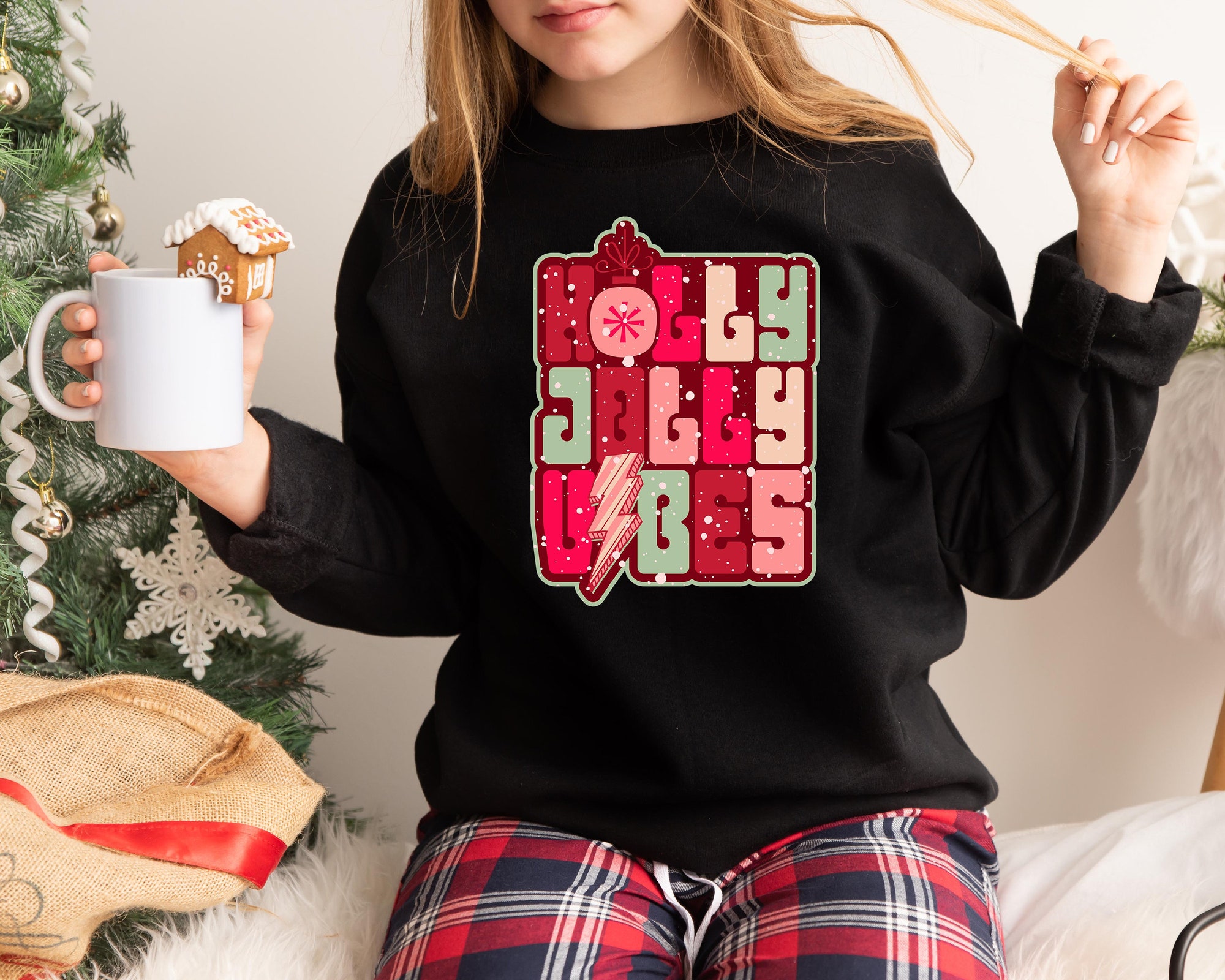 Holly Jolly Vibes Christmas Sweatshirt | Retro Boho Cute Christmas Tee image 2