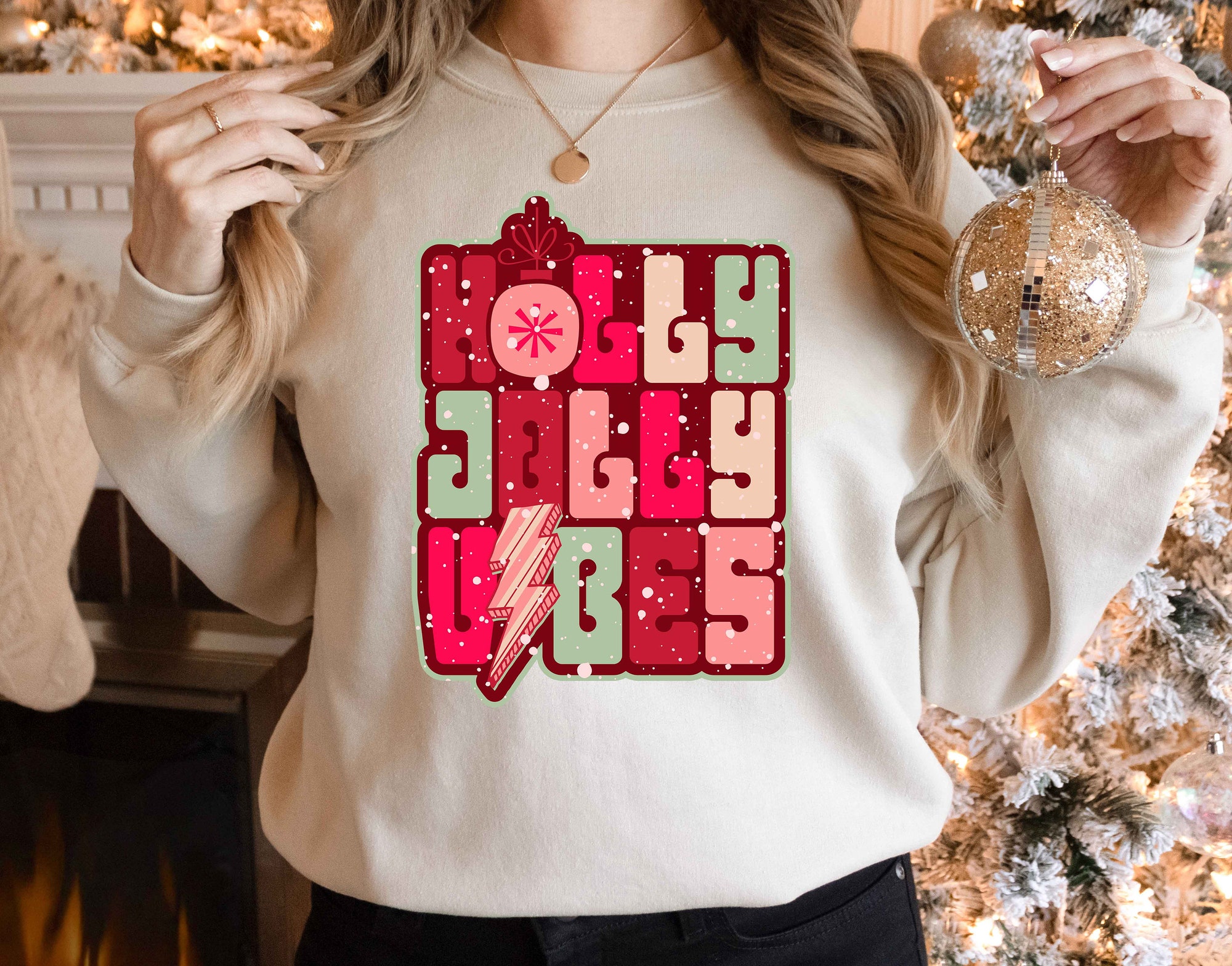 Holly Jolly Vibes Christmas Sweatshirt | Retro Boho Cute Christmas Tee image 4