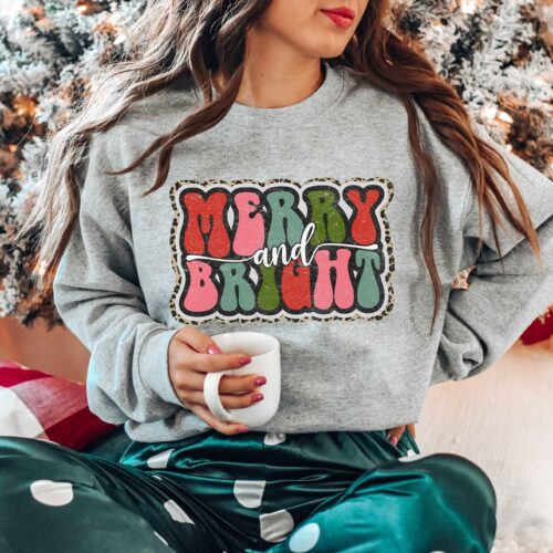 Merry and Bright Sweatshirt: Family Christmas Tee Holiday Cheer image 0