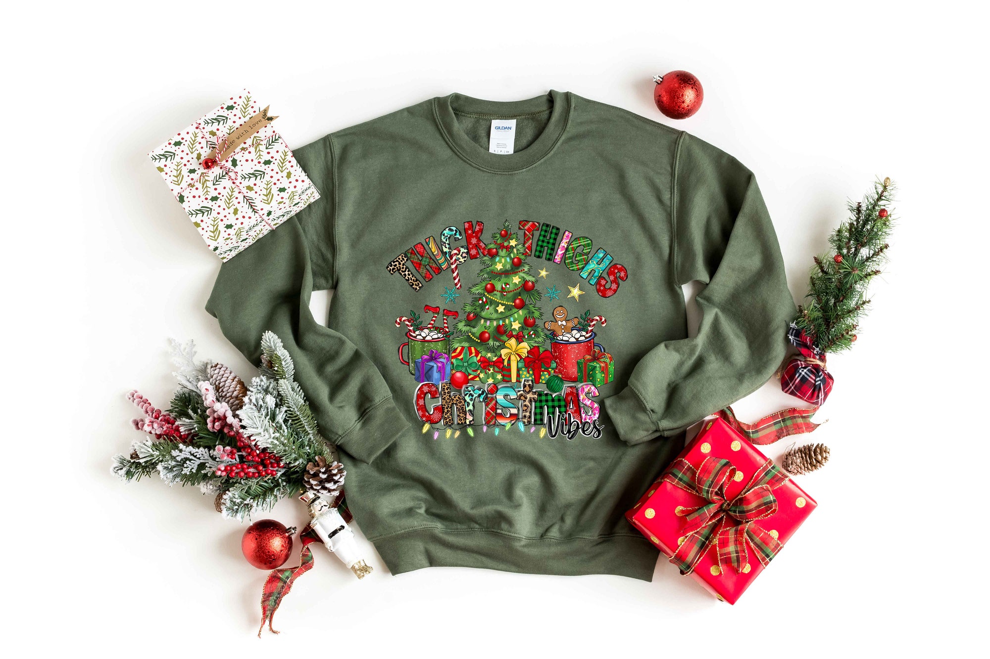 Thick Thighs Christmas Vibes Sweatshirt: Funny Holiday Gift Sweater image 4