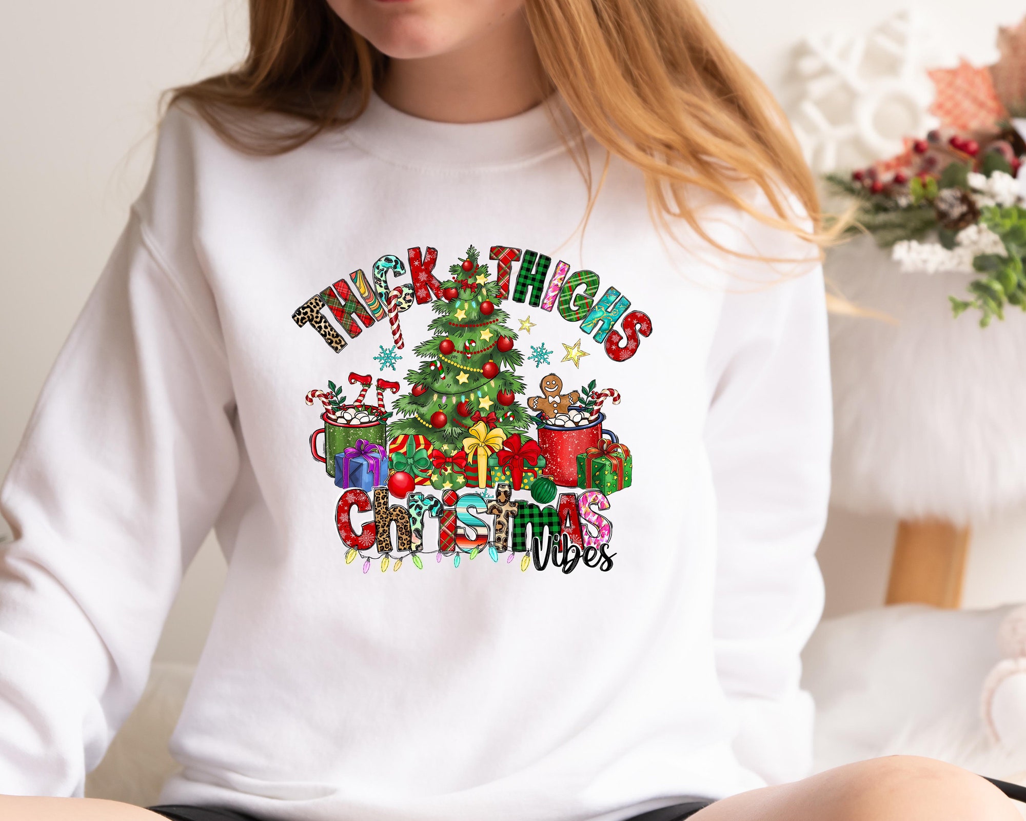 Thick Thighs Christmas Vibes Sweatshirt: Funny Holiday Gift Sweater image 3