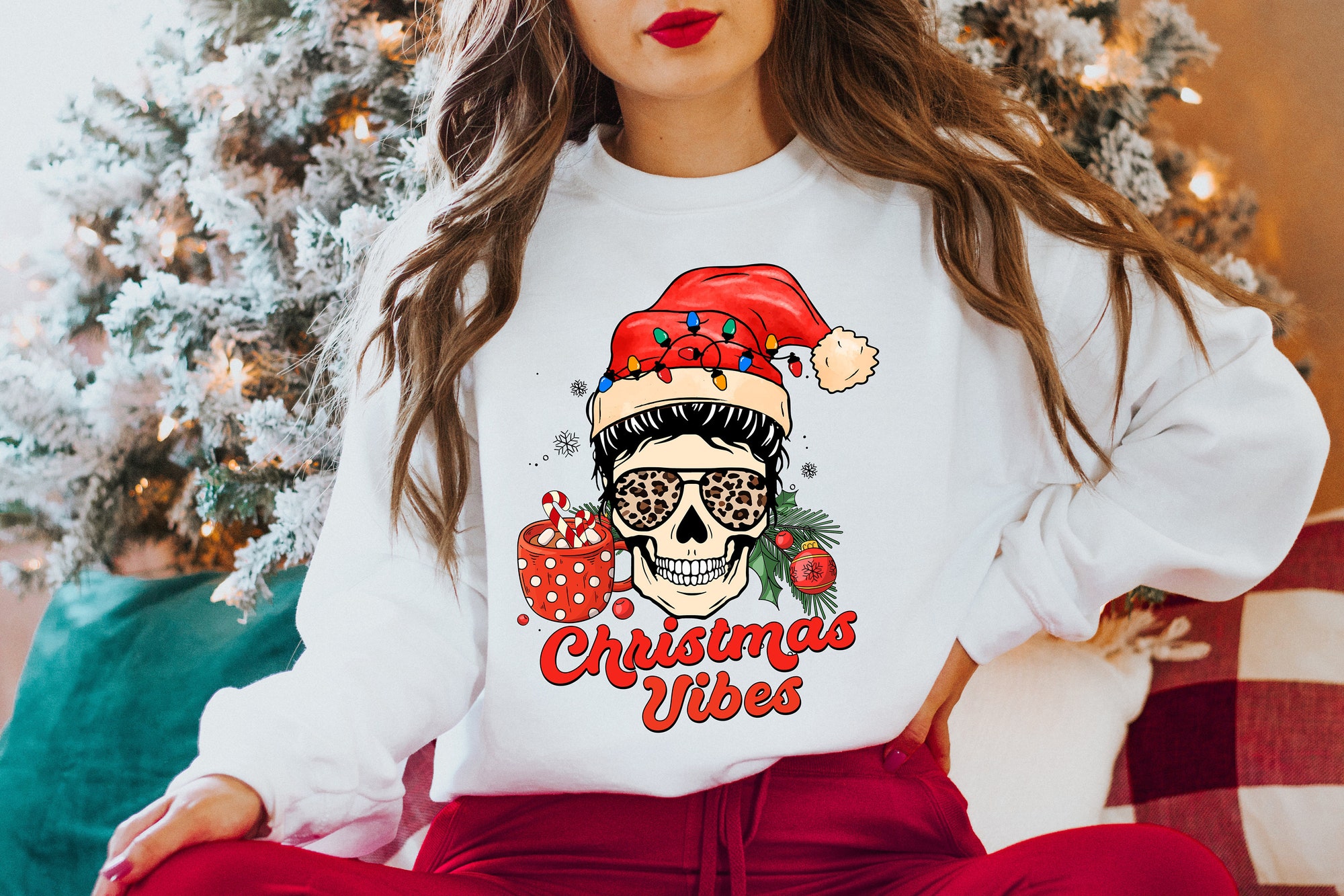 Christmas Vibes Skull Sweatshirt & Family Matching Holiday Gift image 0