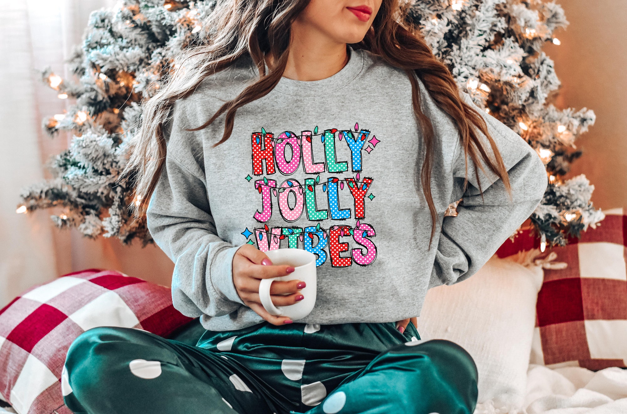 Holly Jolly Vibes Sweatshirt Retro Boho Christmas Tee Holiday Gift image 2