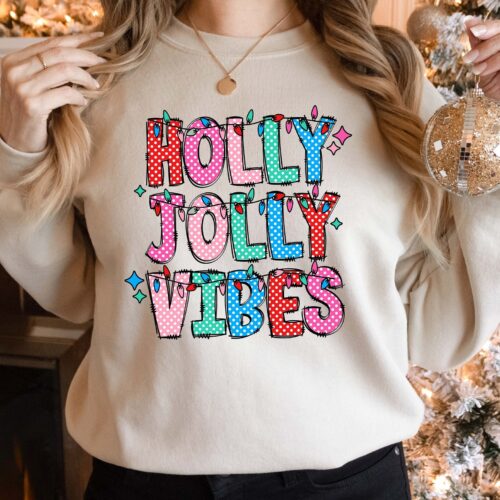 Holly Jolly Vibes Sweatshirt Retro Boho Christmas Tee Holiday Gift image 0