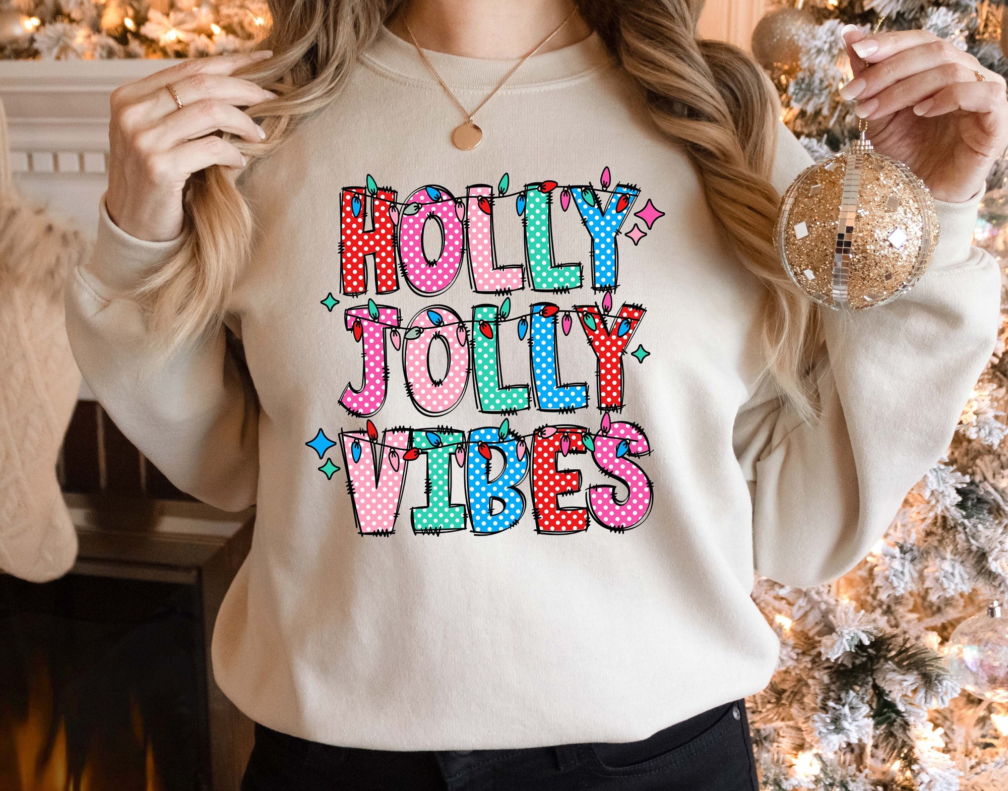 Holly Jolly Vibes Sweatshirt Retro Boho Christmas Tee Holiday Gift image 0