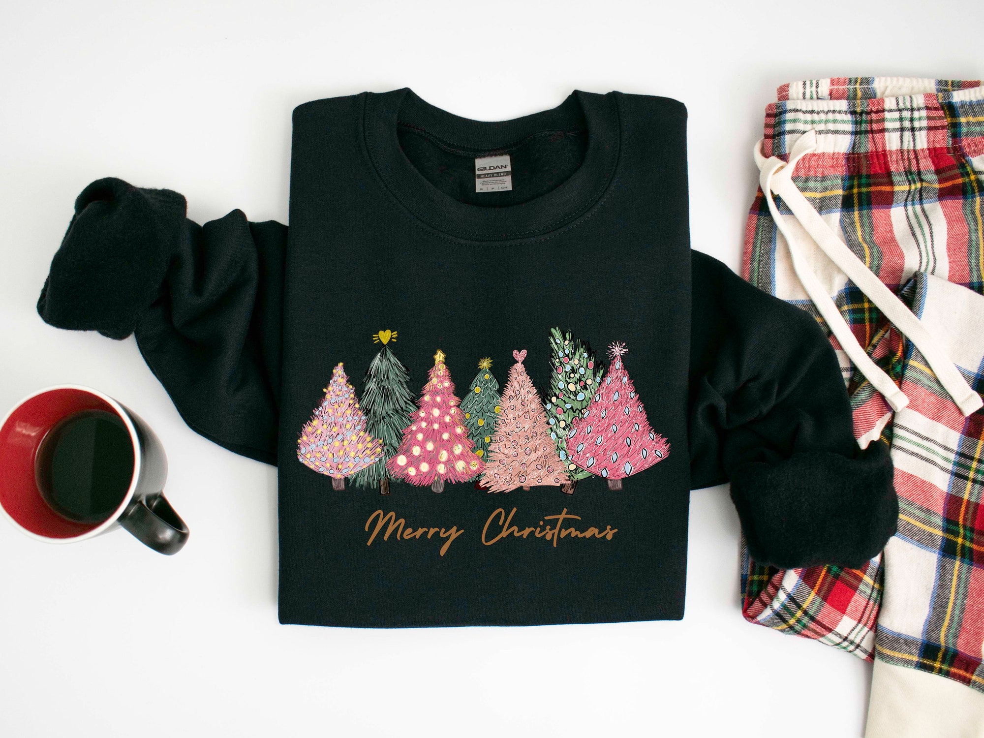 Pink Tree Christmas Sweater Crewneck Holiday Winter Sweatshirts for Women image 2